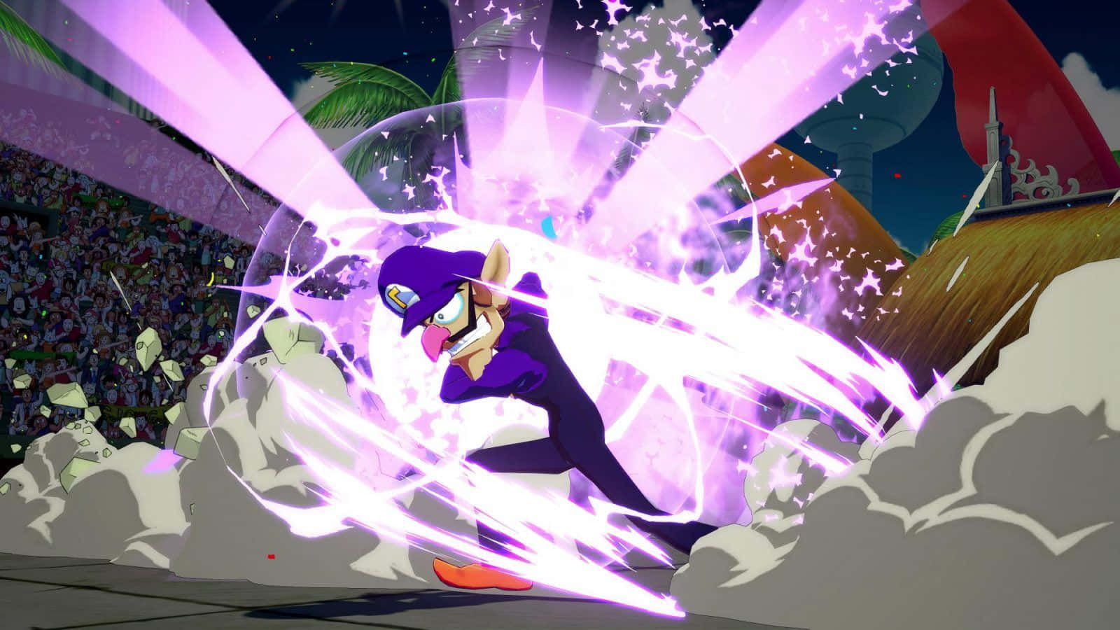 Waluigi 桌布 壁紙 — 瓦路易吉在充滿活力的動漫風格戰鬥場景中釋放出強大的紫色能量爆炸。