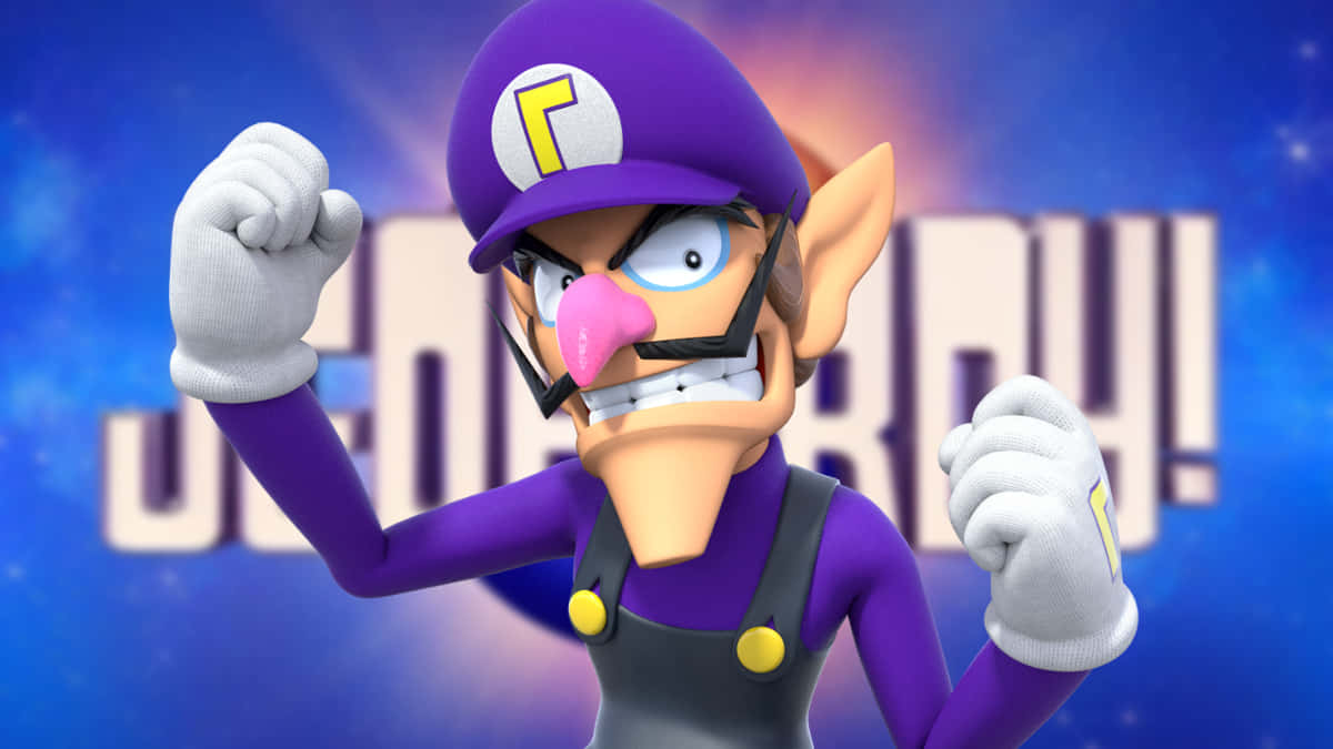 Waluigi 桌布 壁紙 — 瓦路易吉在發光的藍色星星背景上握緊拳頭，表情憤怒。