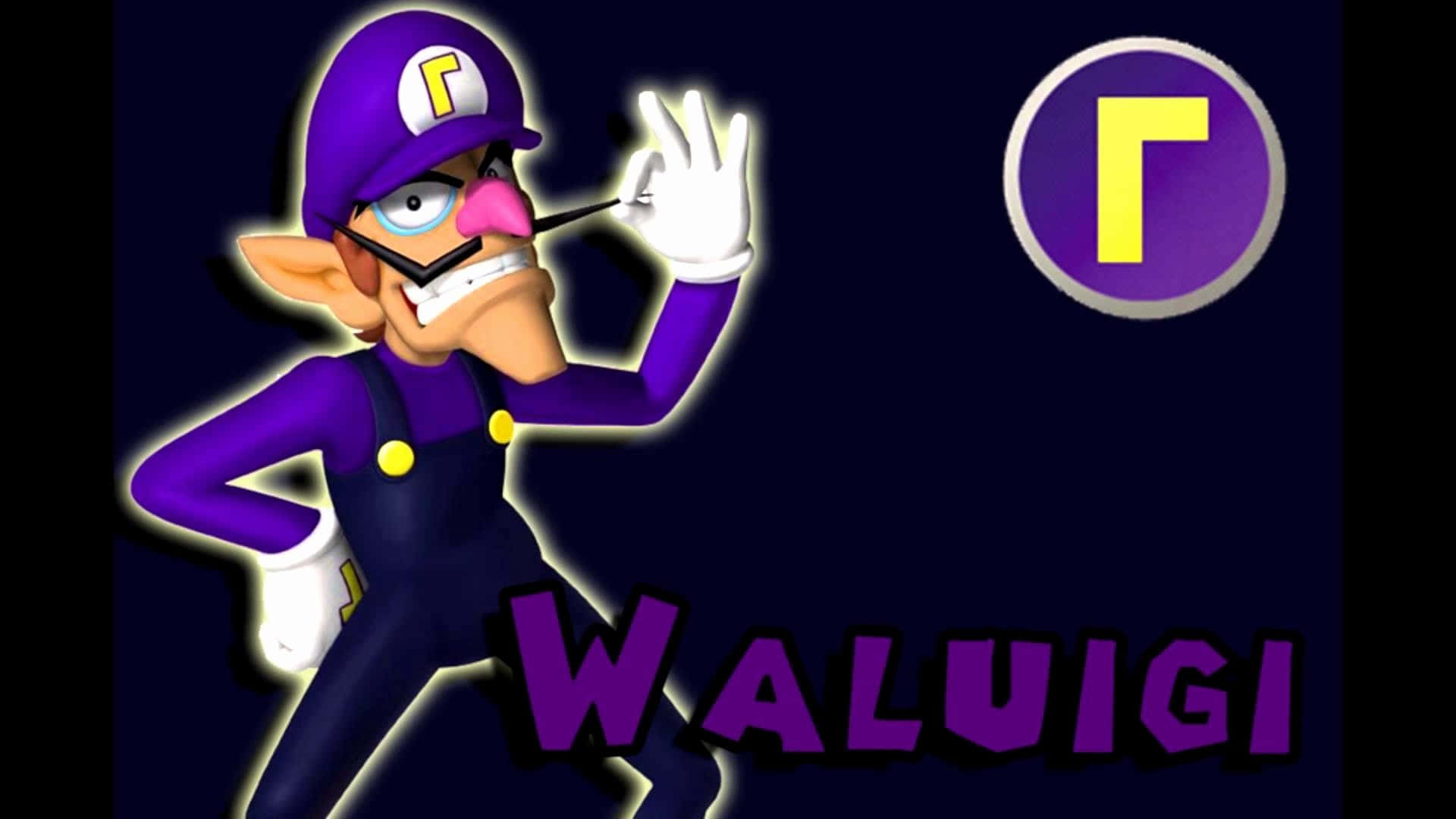 Waluigi 桌布 壁紙 — 瓦路易基穿著標誌性的紫色服裝，在深色背景前擺出自信姿勢，並顯示其標誌和名字。