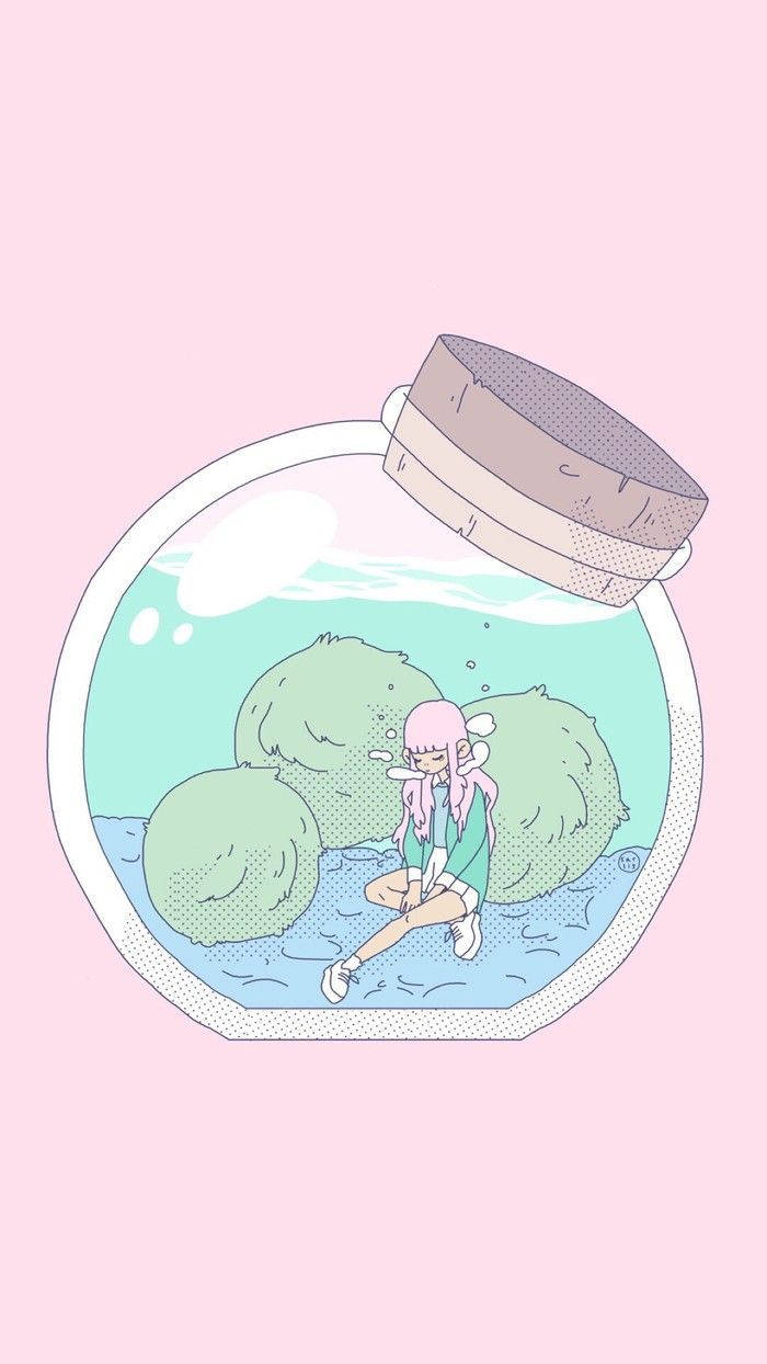 一個粉紅色頭髮的動漫女孩坐在一個有苔蘚石頭和水的魚缸裡。