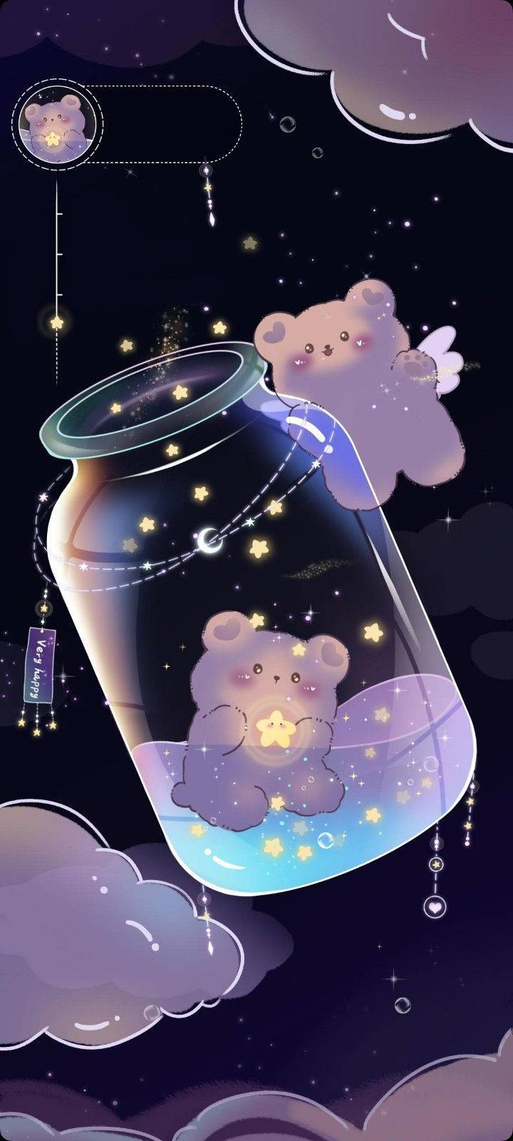 兩隻紫色小熊在一個裝滿星星的罐子裡，漂浮在帶有雲朵的夜空中。