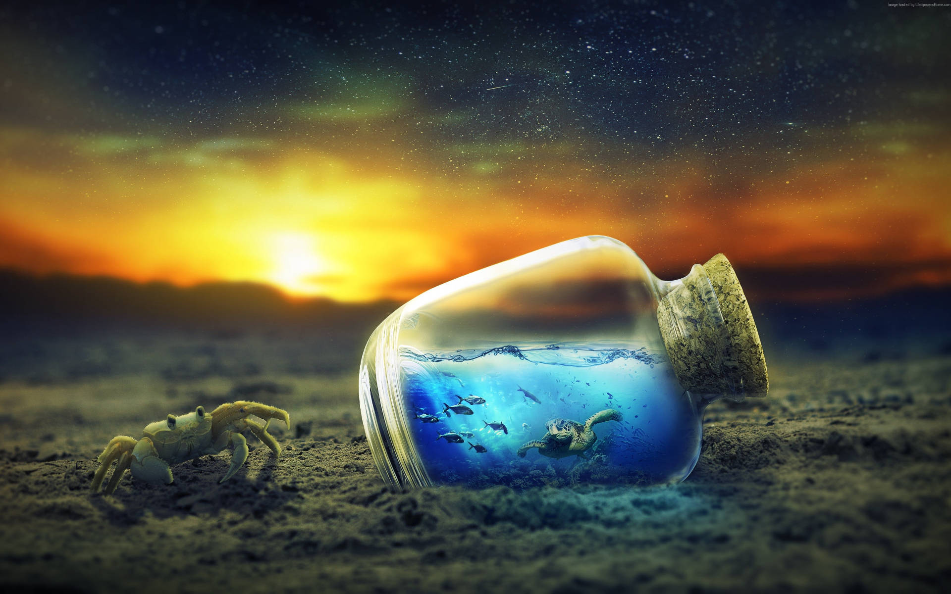瓶中的可愛小海龜 壁紙 — 一個裝滿海水和海洋生物的玻璃瓶放在沙灘上，一隻螃蟹在繁星點點的日落天空下觀看。