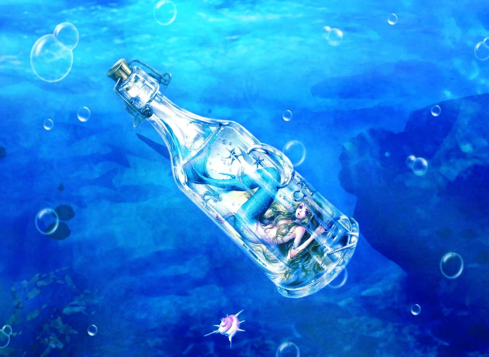 玻璃瓶中的美人魚在水下漂浮，伴有氣泡和珊瑚。