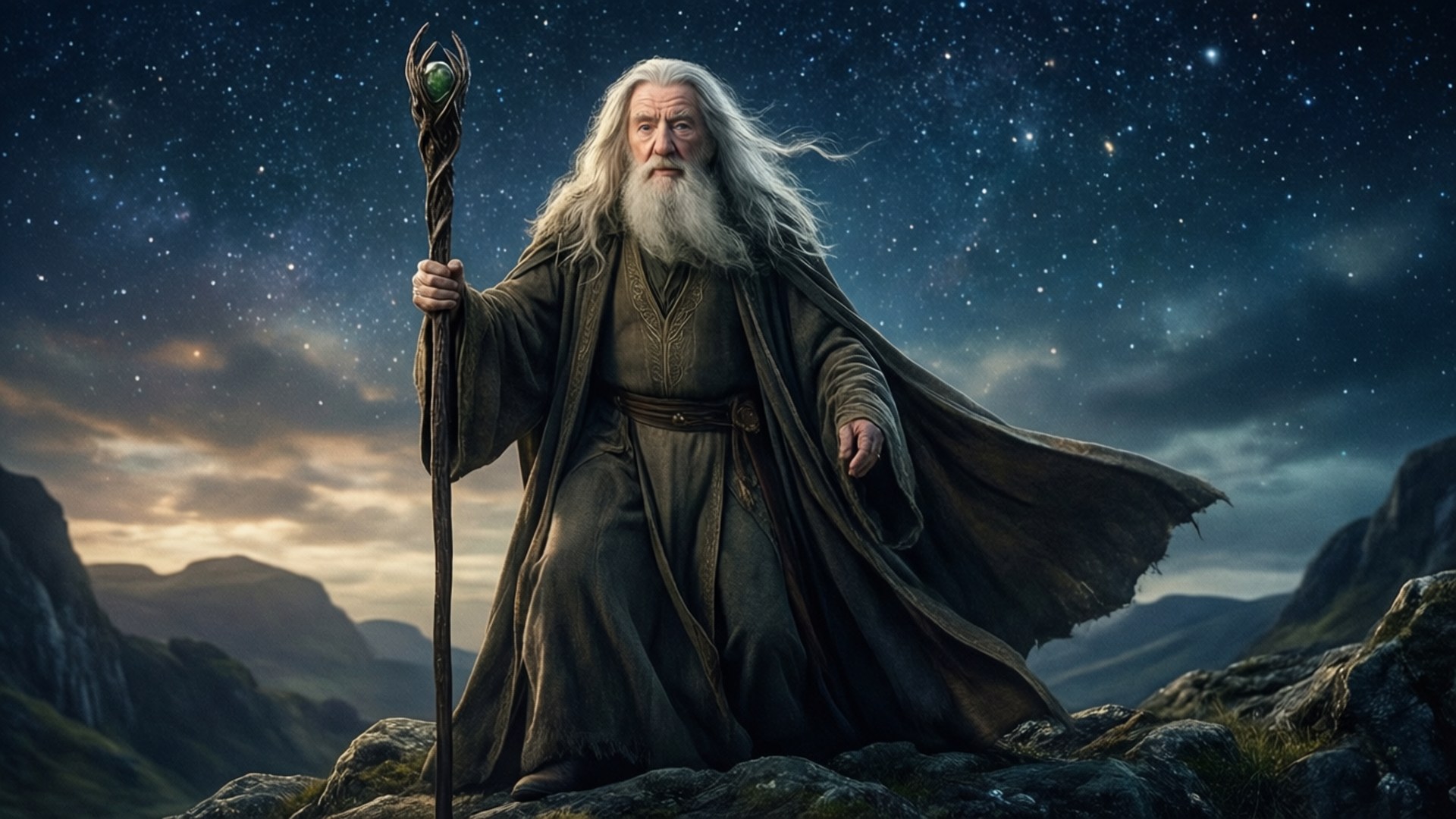長白鬍鬚的古代巫師在夜晚的山上手持發光魔杖，星空下。