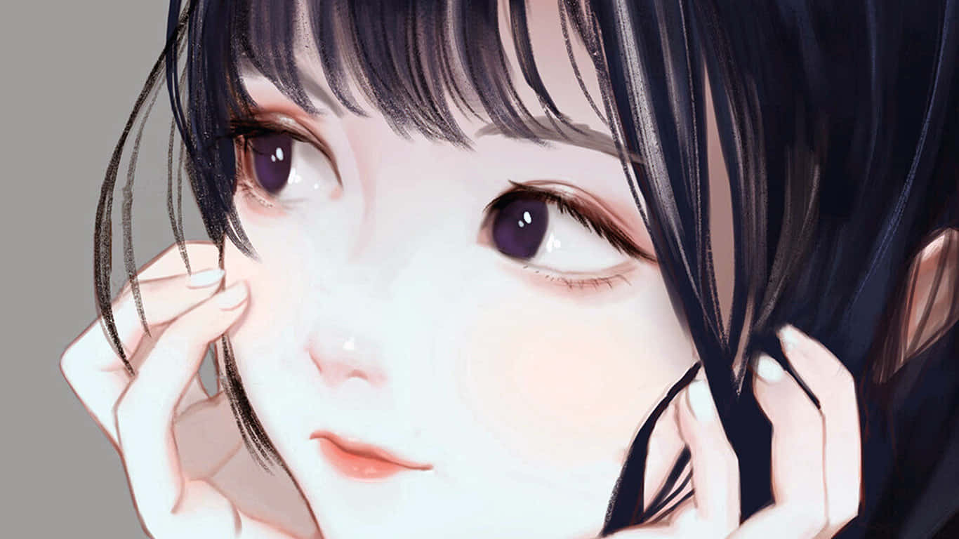 深色頭髮和紫色眼睛的動漫女孩輕輕觸摸臉龐。