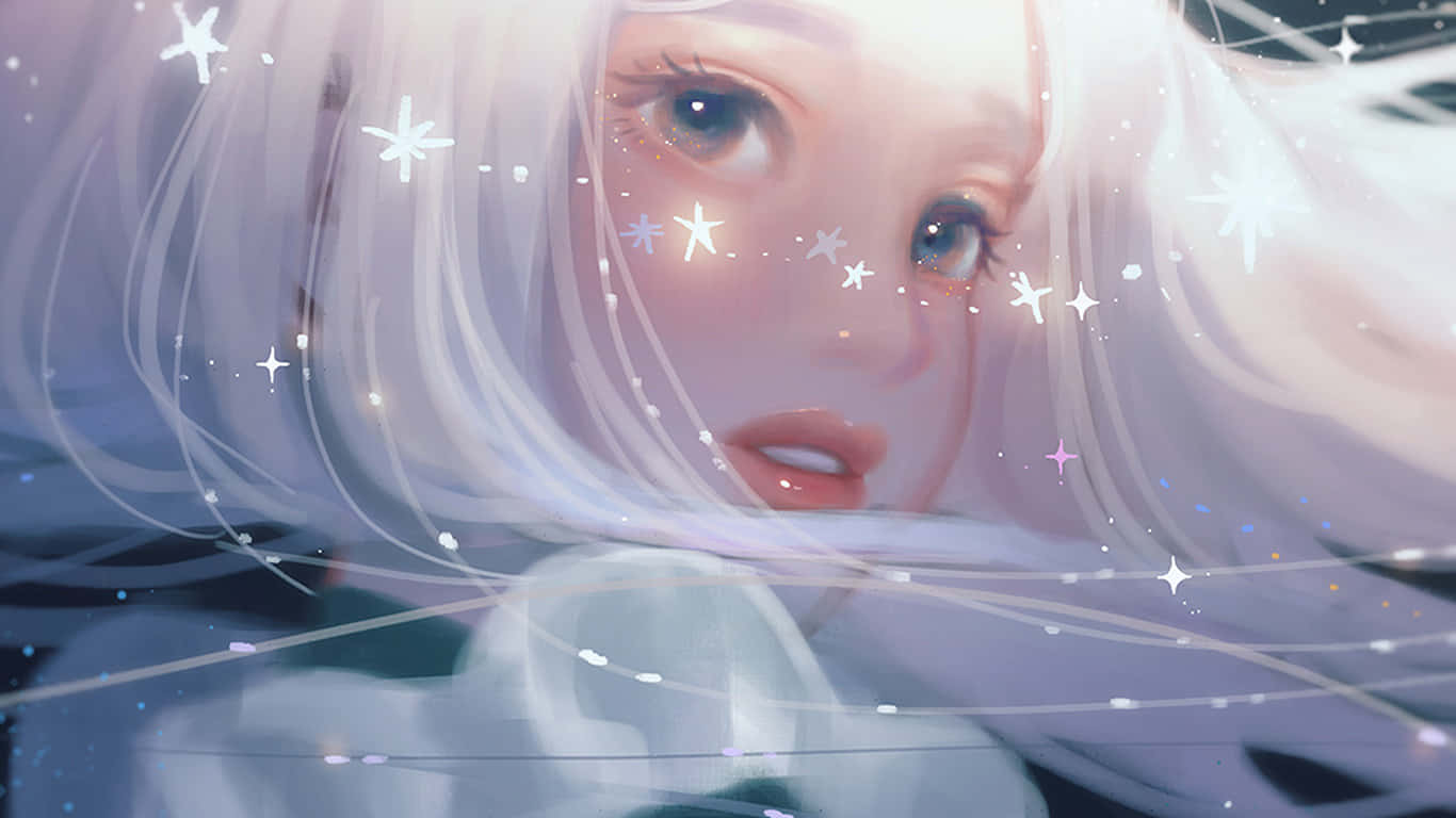 白髮動漫女孩，星塵粒子漂浮在她臉龐周圍。