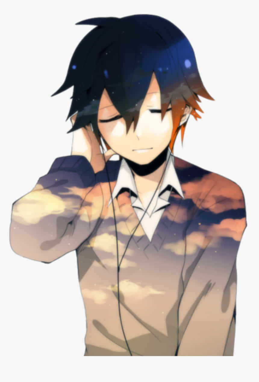 動漫男孩，星形頭髮，毛衣上有夕陽雲彩，戴著耳機聽音樂。