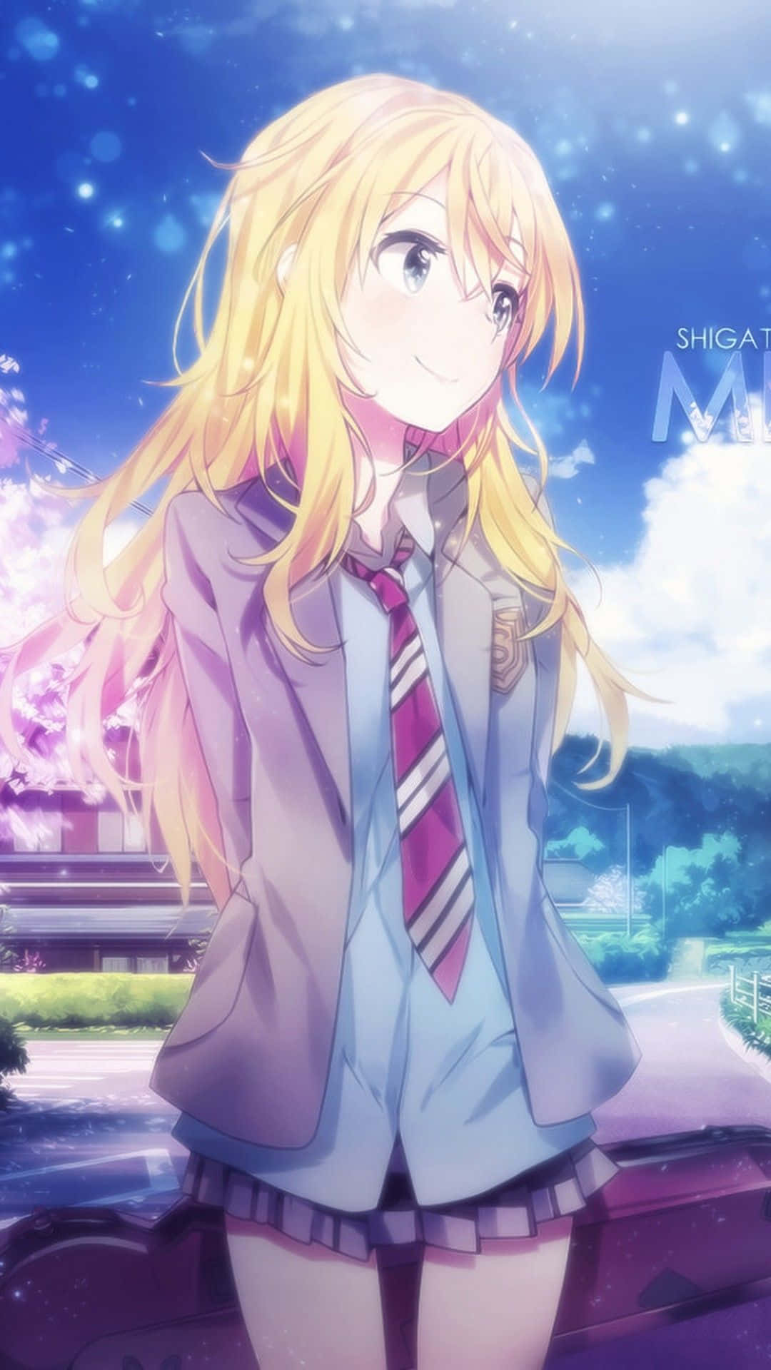 動漫女孩穿著校服，在星空黃昏下微笑，周圍有櫻花。