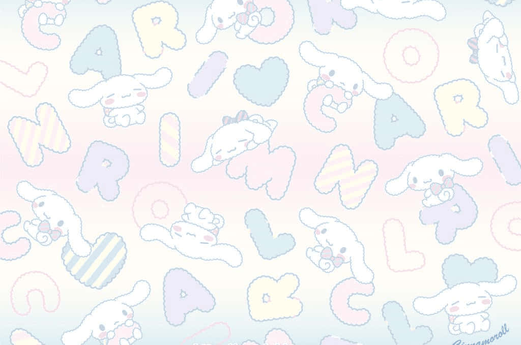 可愛的粉彩牆紙，帶有 Cinnamoroll 角色和字母心形。