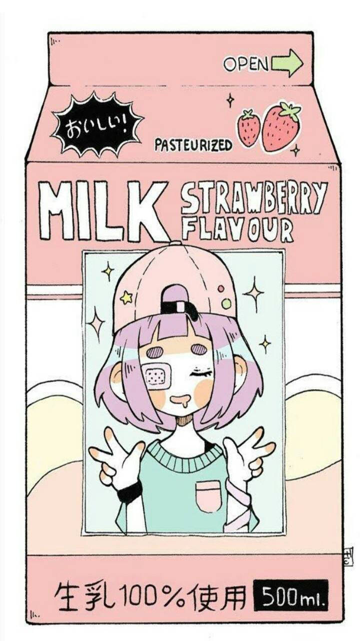 動漫女孩，紫色頭髮，戴著口罩，在草莓牛奶盒上。