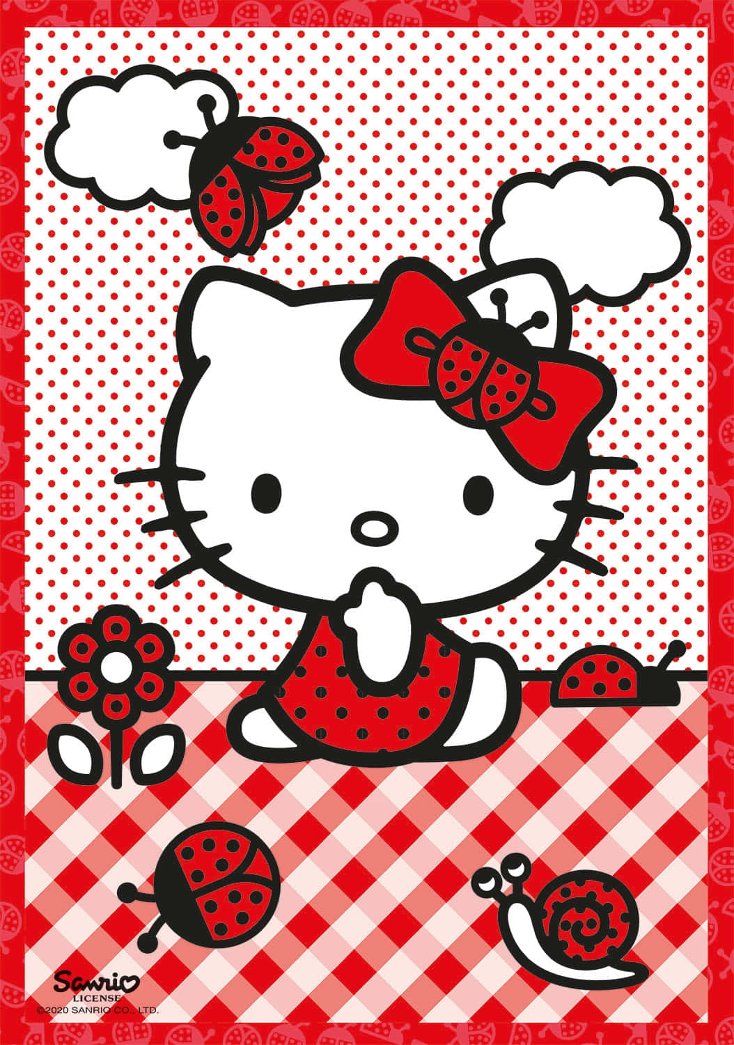 甜美可愛的 Hello Kitty 壁紙 — Hello Kitty 身穿紅色圓點連衣裙，在格子背景上與瓢蟲和蝸牛一起。