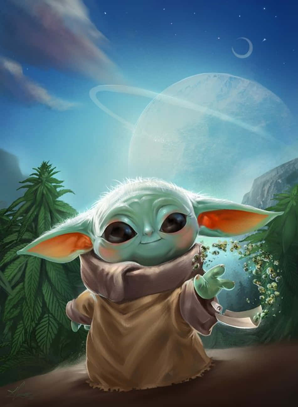 甜美可愛的Baby Yoda 壁紙 — 一個可愛的綠色嬰兒尤達穿著棕色長袍，在星空下微笑著拿著爆谷，旁邊有一個帶環的行星。