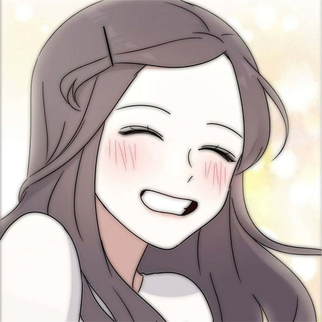 灰色頭髮的動漫女孩，臉頰紅潤，背景發光，正在大笑。