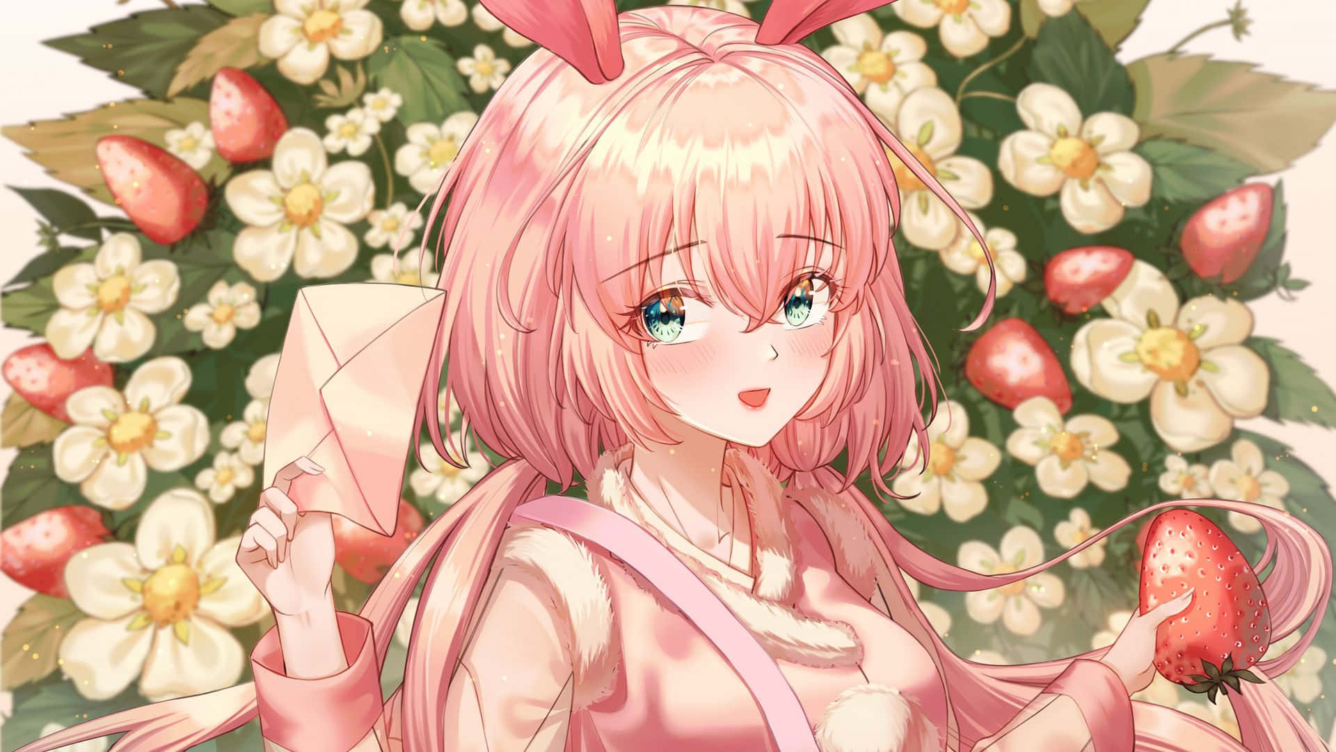 甜美夢幻的粉紅動漫美學 壁紙 — 一個開心的動漫女孩，粉紅色頭髮和兔耳，在盛開的草莓花中拿著草莓和信封。