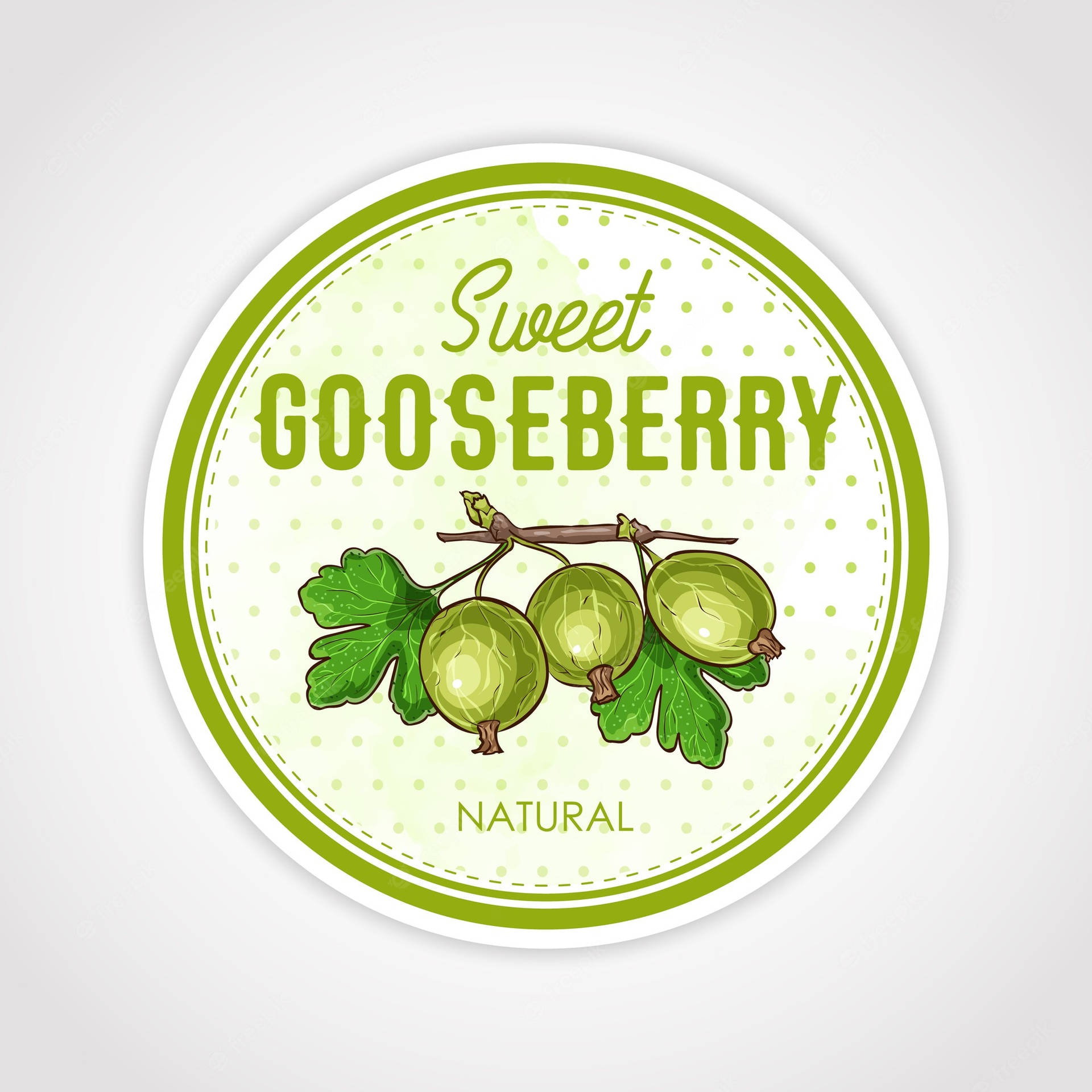 圓形標籤，展示帶有綠色鵝莓的樹枝，文字為 sweet gooseberry natural。