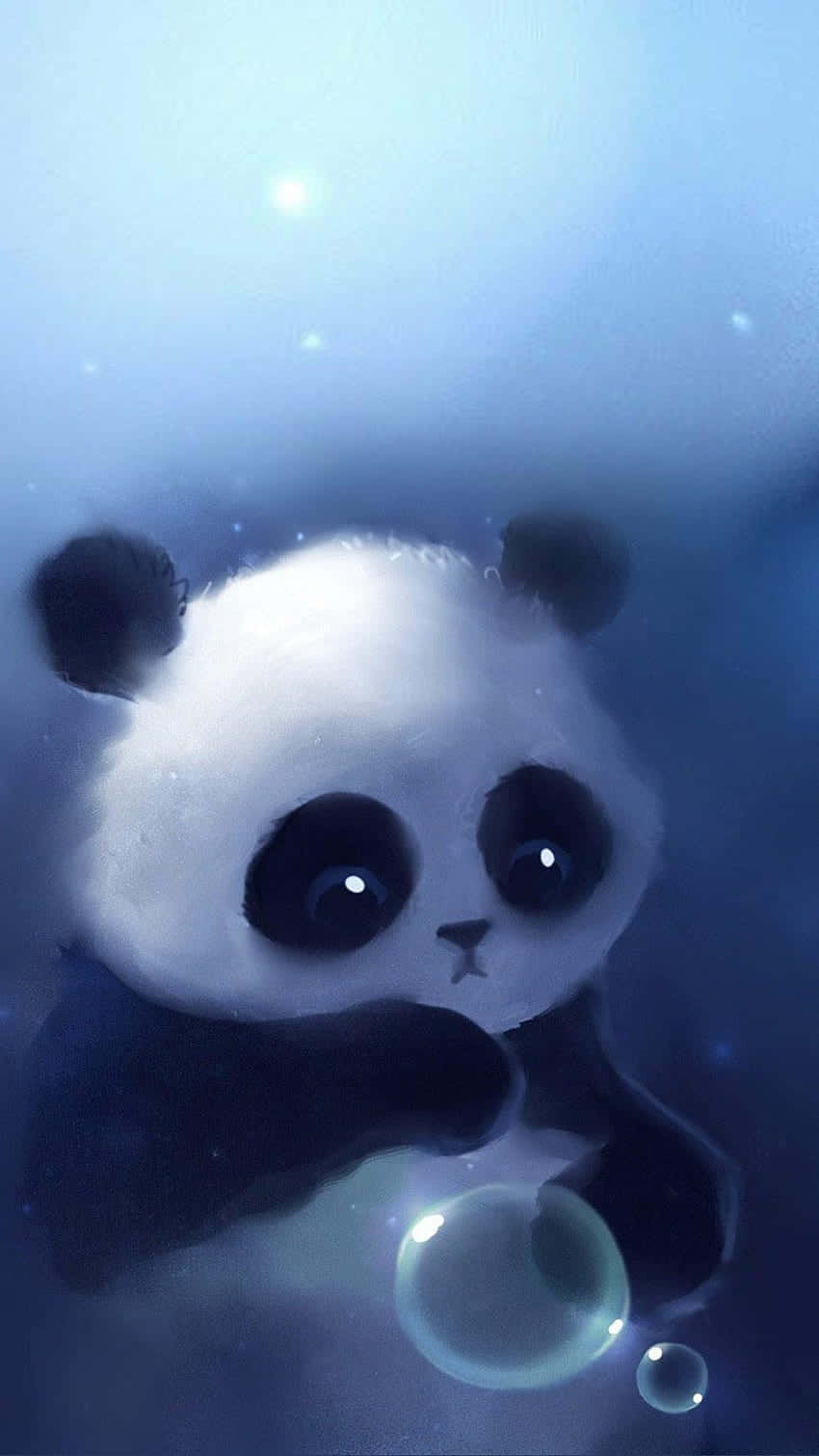 一隻可愛的熊貓在水下漂浮，拿著一個發光的泡泡。
