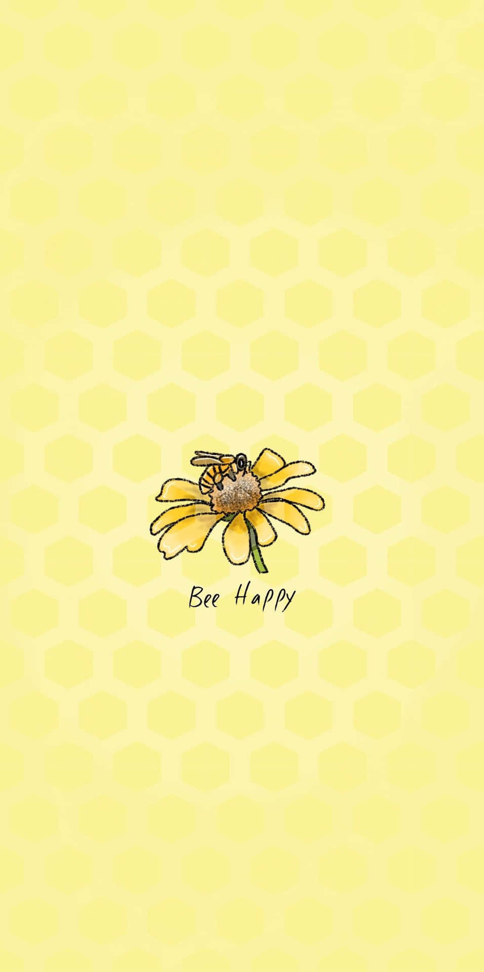 蜜蜂在黃花上，蜂巢背景和Bee Happy文字。