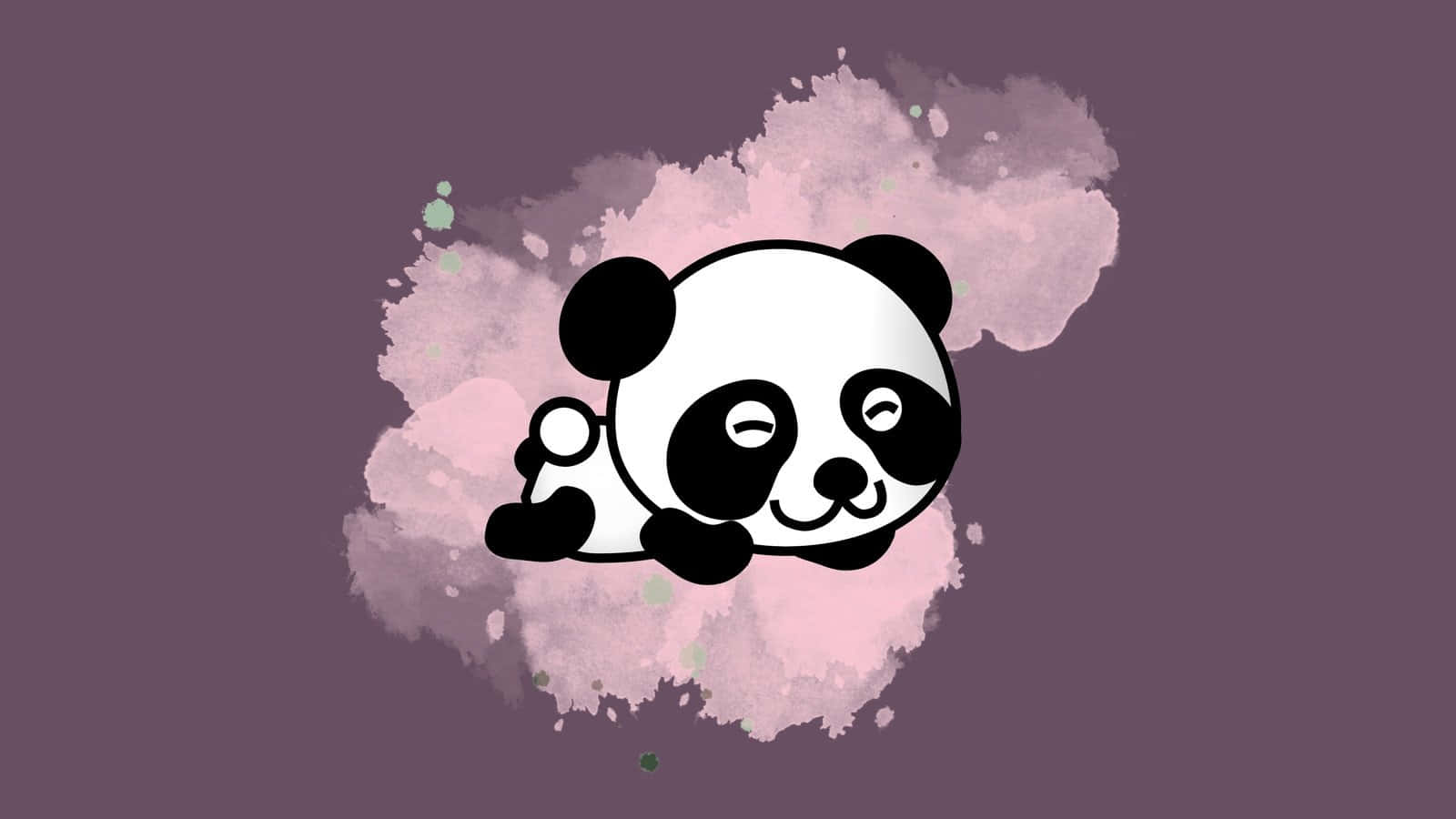 一隻卡通熊貓在紫色背景上的粉紅色水彩潑濺上睡覺。