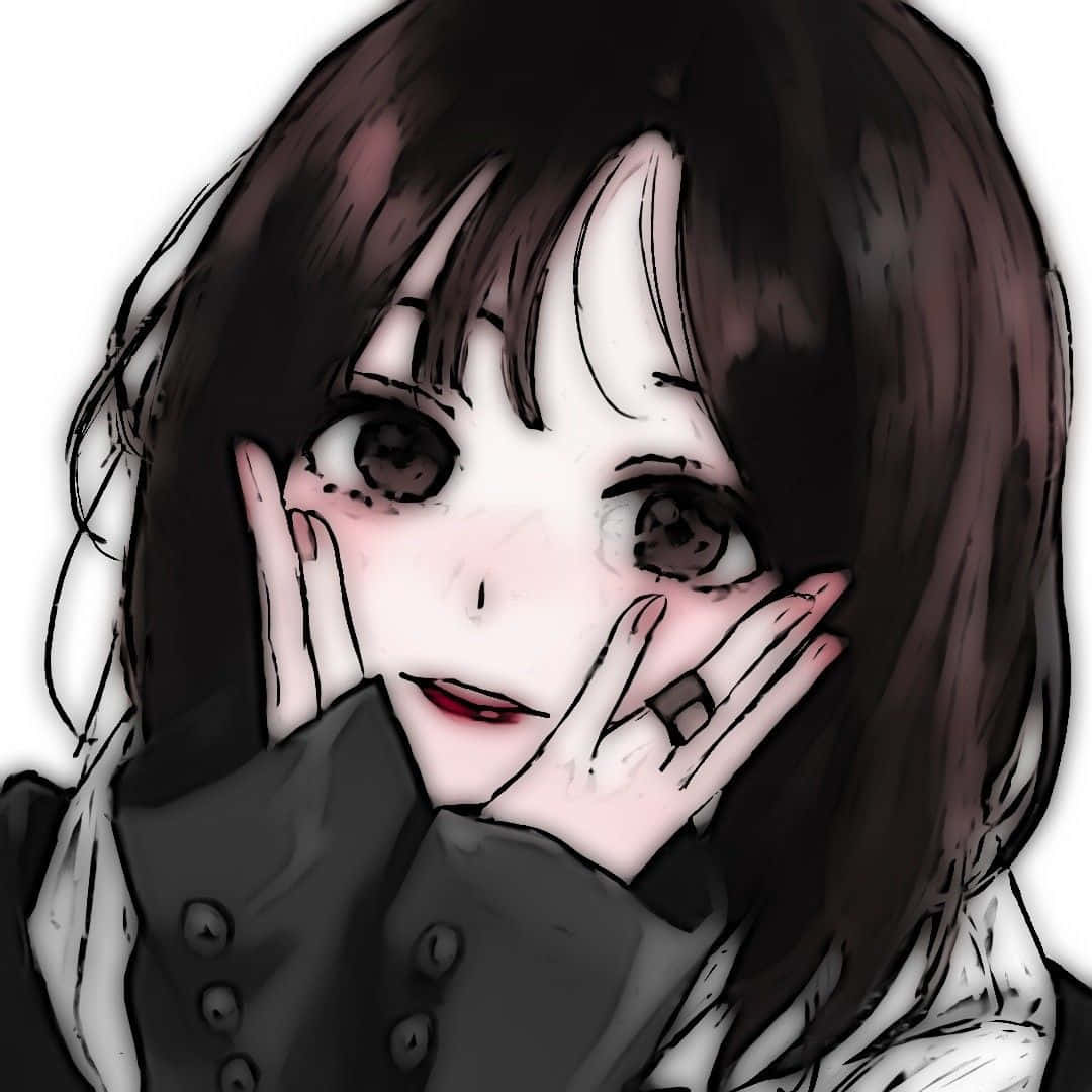 深色頭髮和大眼睛的動漫女孩，雙手捧著臉。
