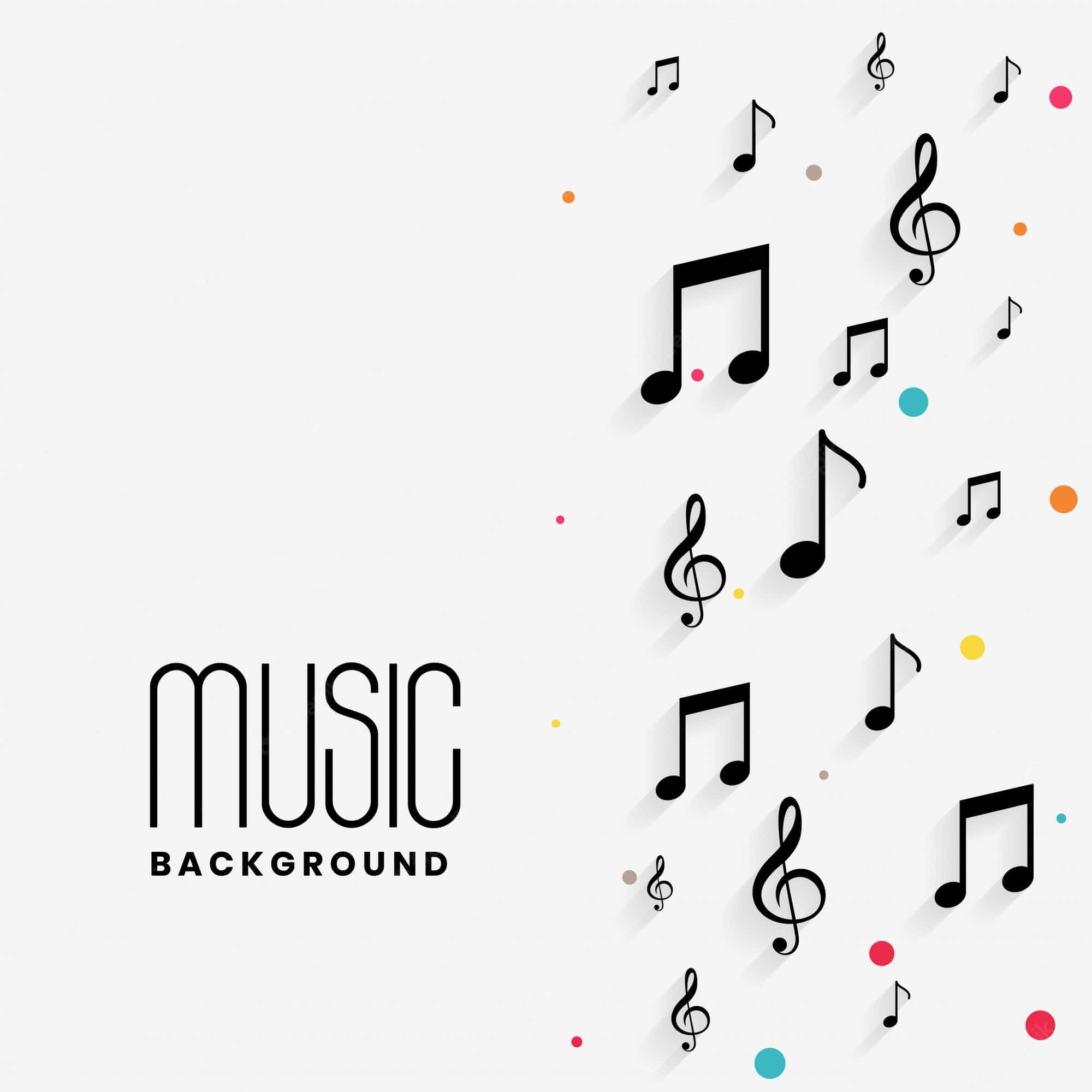 甜美簡約音樂符號背景 壁紙 — 黑色音符和高音譜號在帶有彩色圓點和柔和陰影的淺灰色背景上對角漂浮。