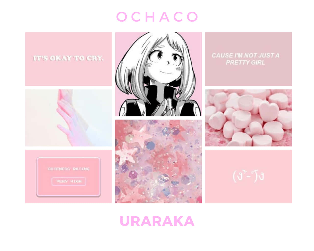 動漫角色 Ochaco Uraraka 在粉紅色拼貼畫中，配有文字和心形棉花糖。