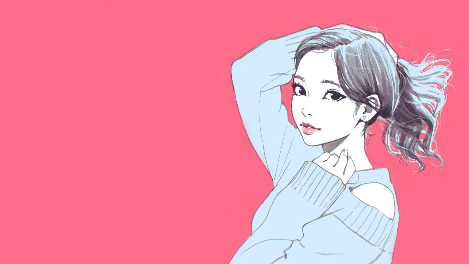 動漫風格女孩穿著藍色毛衣在粉紅色背景前