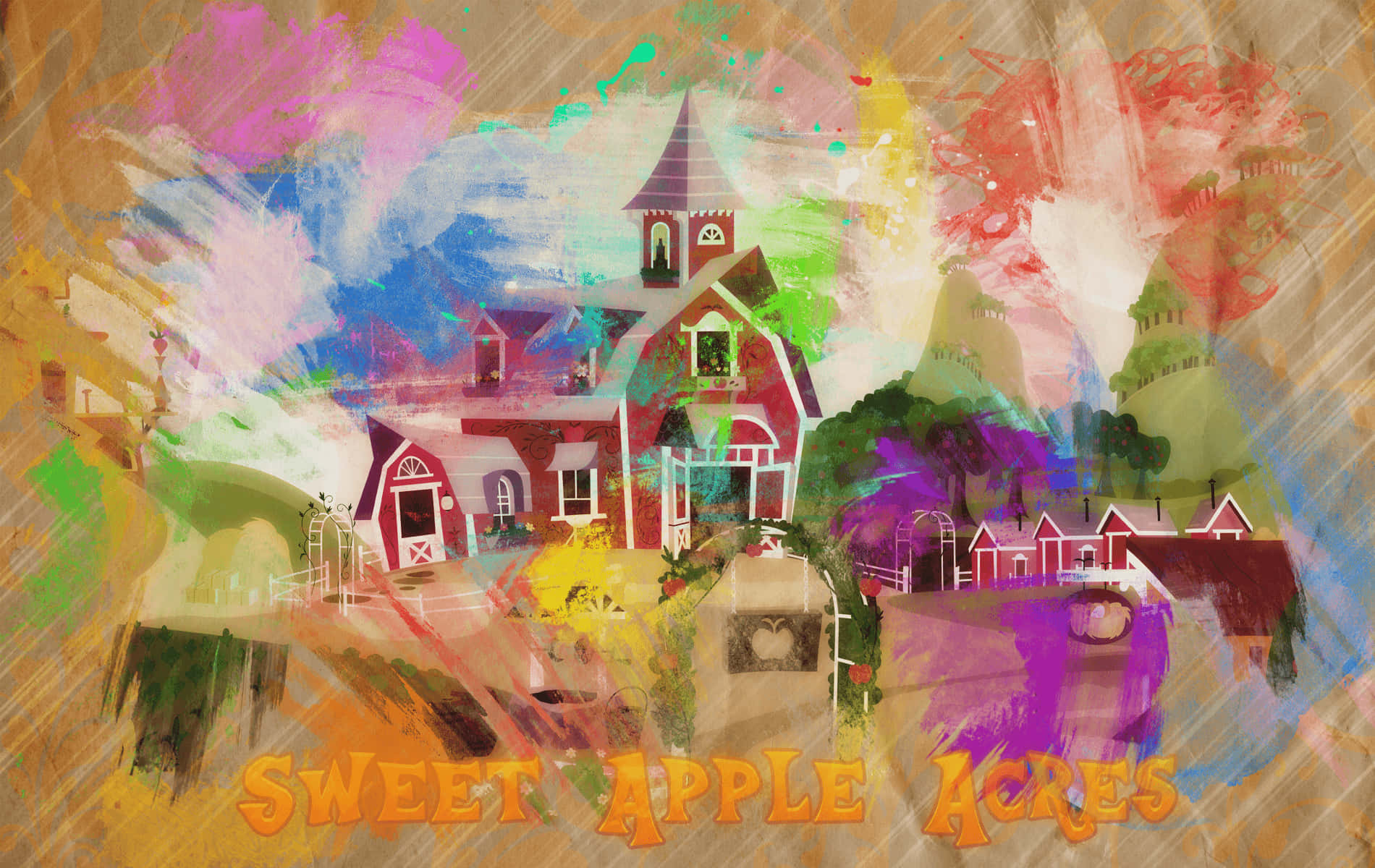 色彩繽紛的抽象插圖，描繪紅色穀倉和農舍，帶有文字 Sweet Apple Acres。