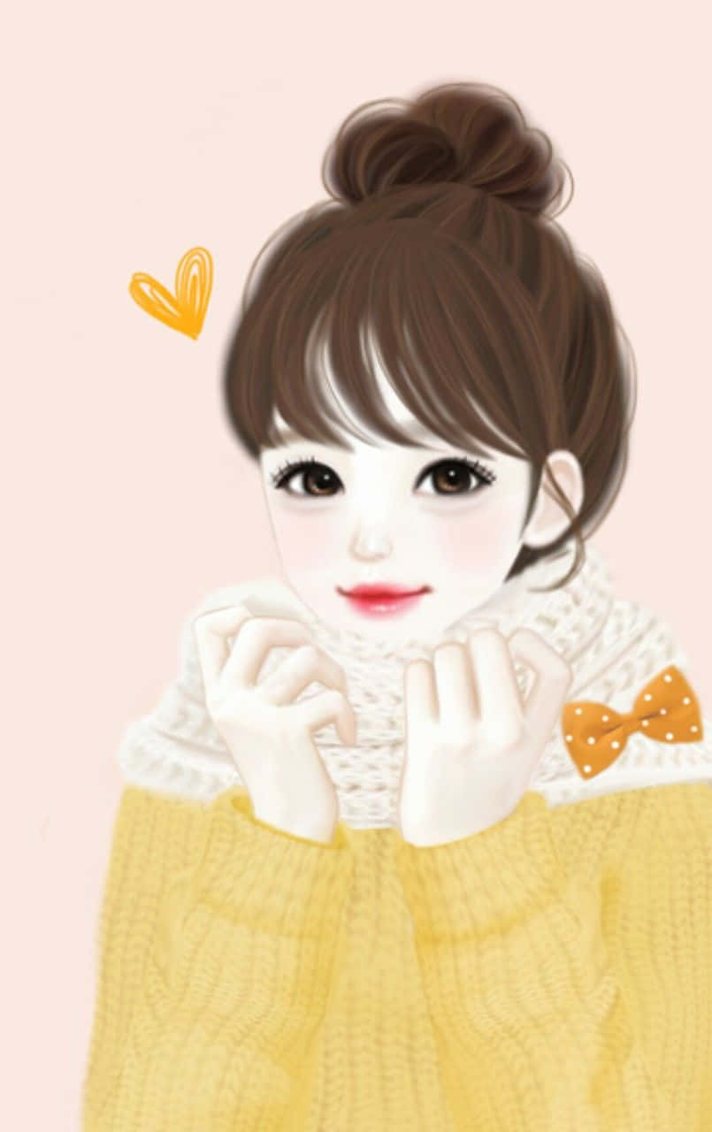 動漫女孩穿著黃色毛衣和白色圍巾，圍巾上有個圓點蝴蝶結。