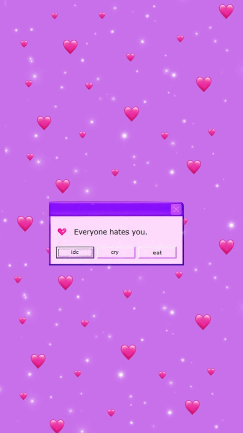 一個紫色背景，帶有粉紅色心形和一個寫著「Everyone hates you.」的彈出視窗。