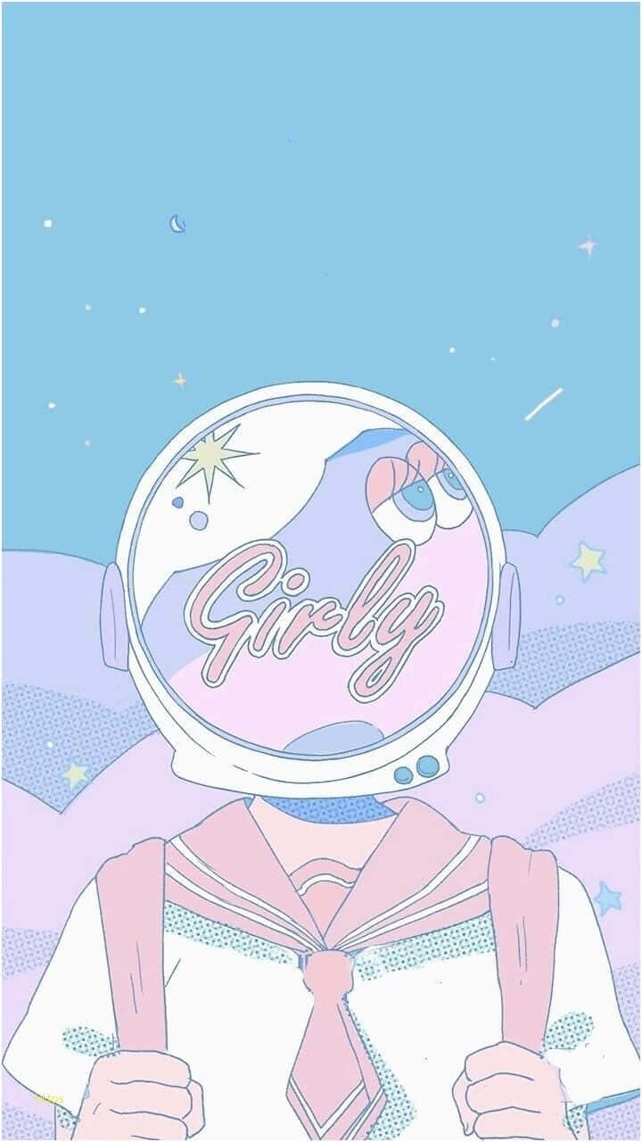 動漫女孩穿著水手服，戴著標有「Girly」的太空人頭盔，身處粉彩太空場景。