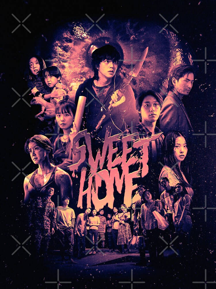 《甜蜜家》Netflix 粉絲藝術 壁紙 — 一群驚恐的人被怪物包圍在黑暗、熾熱的恐怖主題海報中。