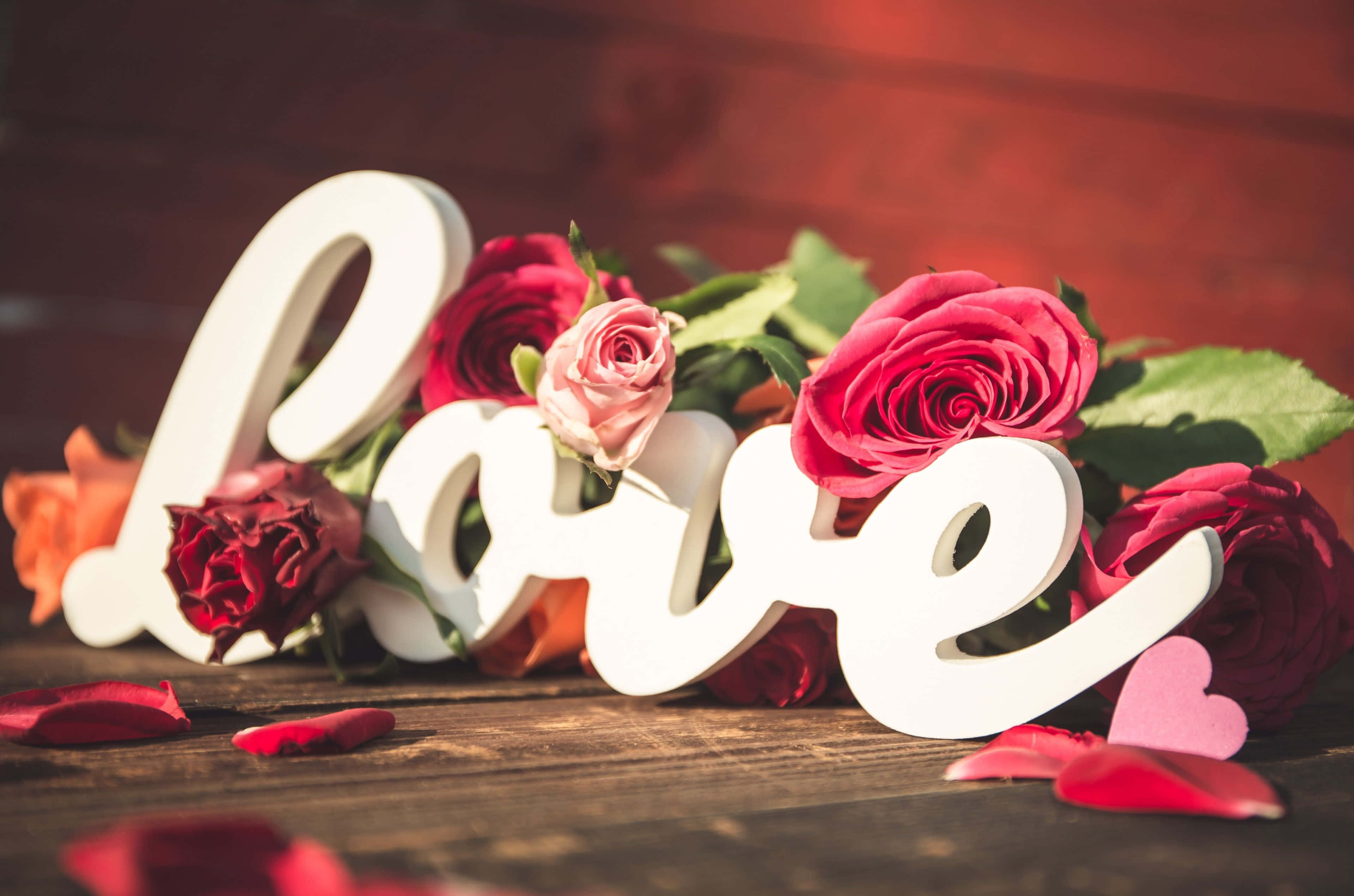 甜蜜愛意的溫柔時刻 壁紙 — 白色草書 'love' 字母點綴在質樸木質表面上鮮豔的紅粉玫瑰之間。