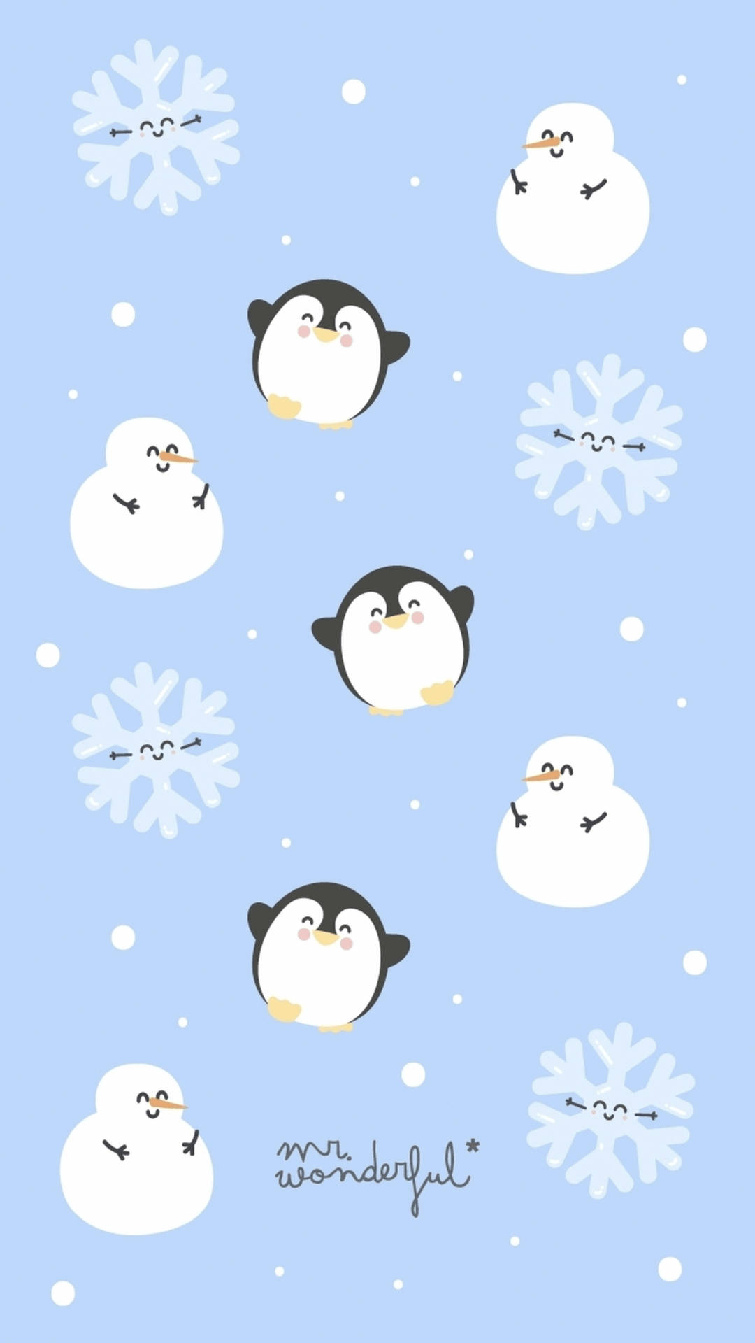 可愛的企鵝和雪人帶著笑臉漂浮在雪景中。