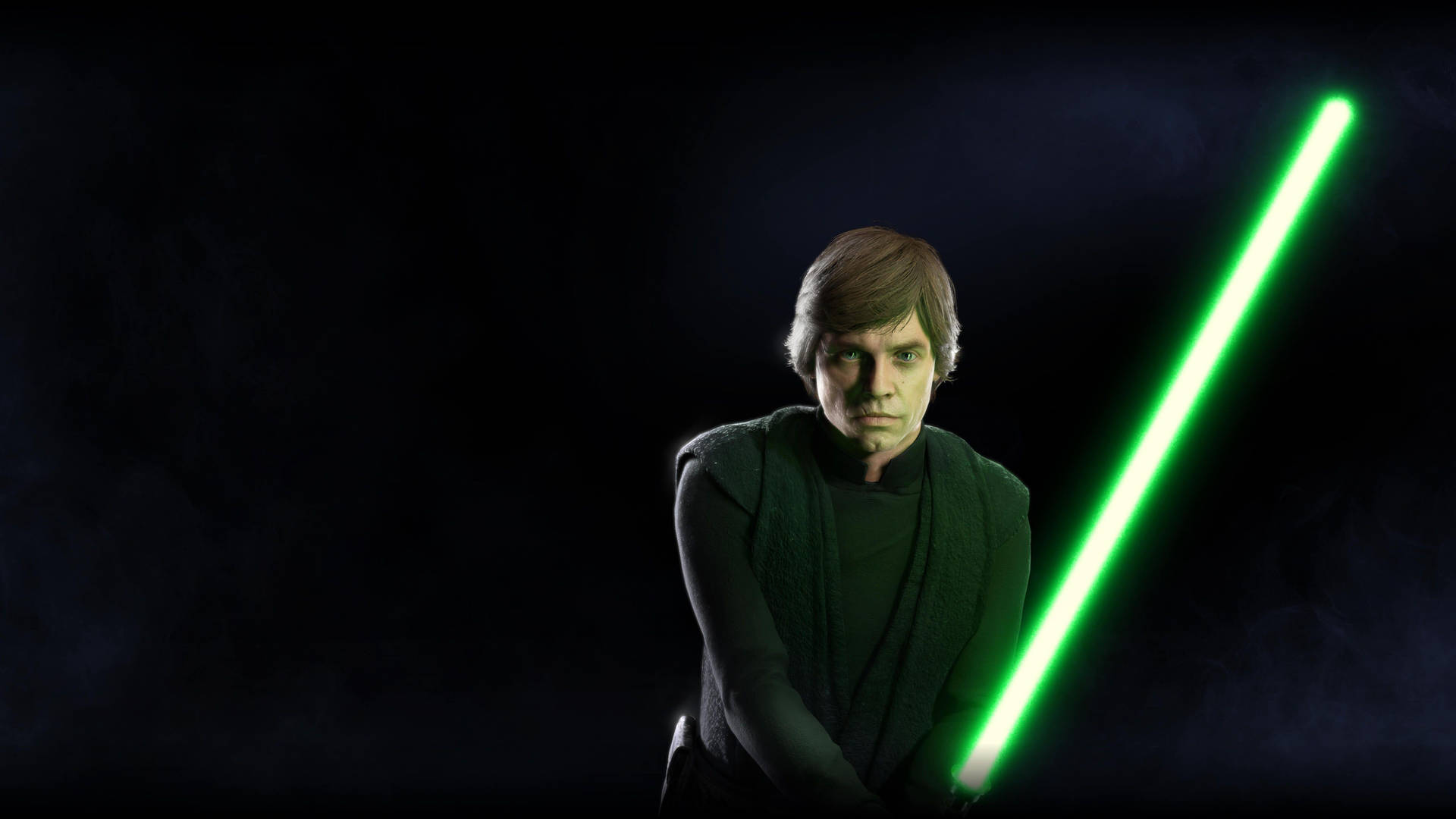 Luke Skywalker 在黑暗煙霧環境中手持綠色光劍。