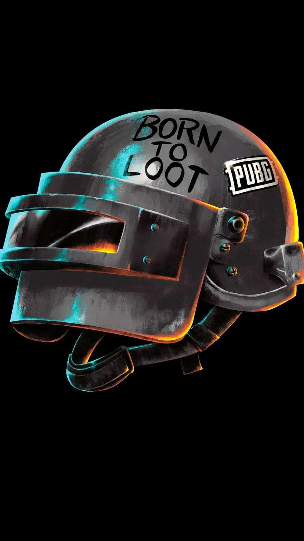 帶有霓虹光芒和 'Born to Loot' 文字的遊戲頭盔。