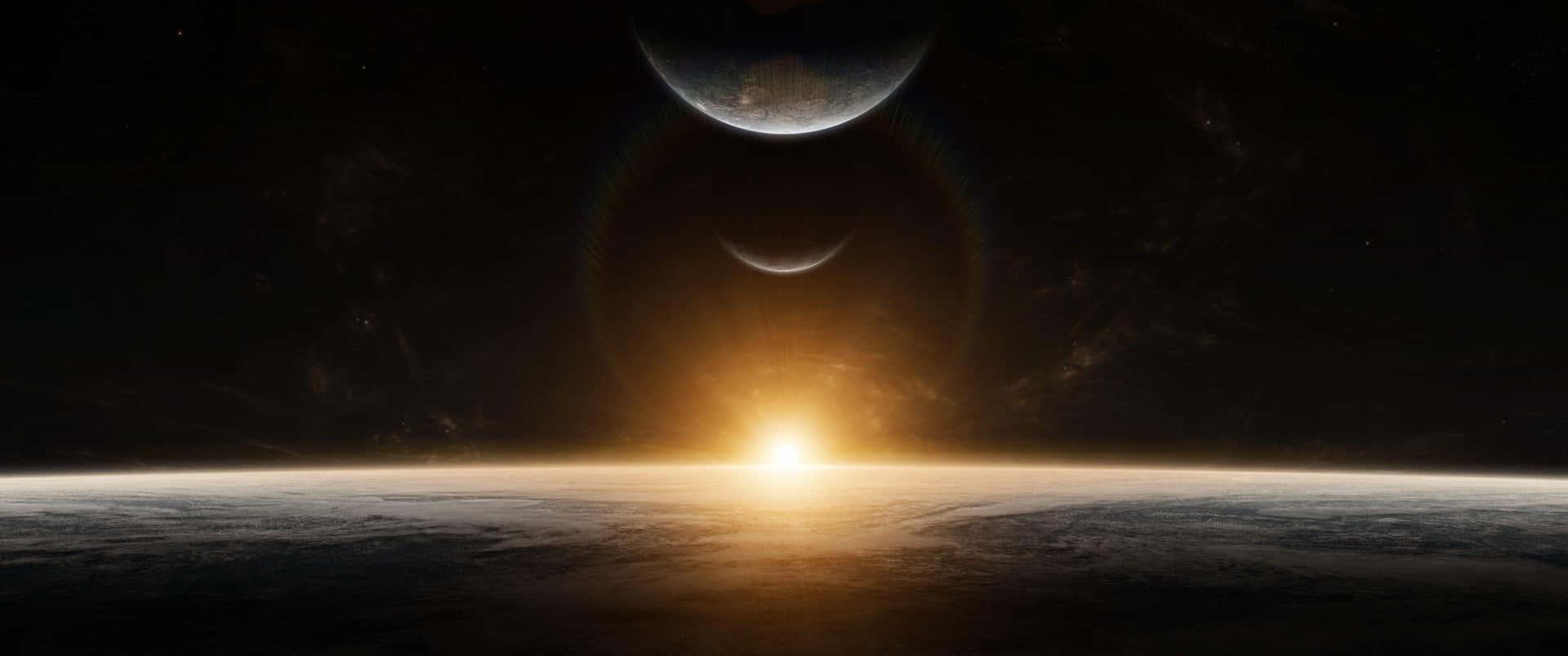行星上的日出，天空中有兩顆衛星