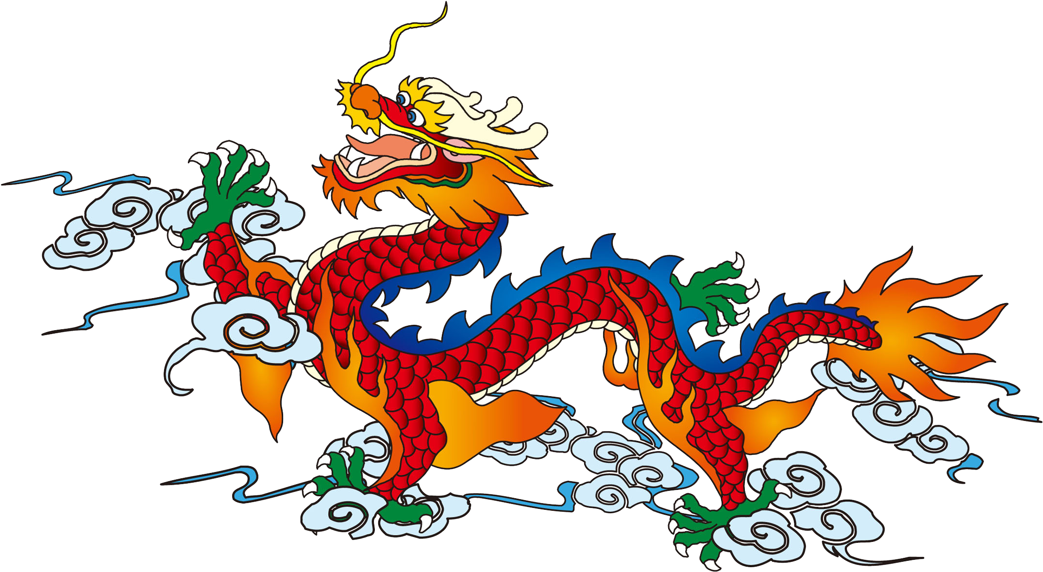 生動中國龍藝術作品 壁紙 — 一條鮮豔的紅金色中國龍，帶有綠色爪子和藍色點綴，在黑色背景上動態地盤旋於旋轉的白雲之中。