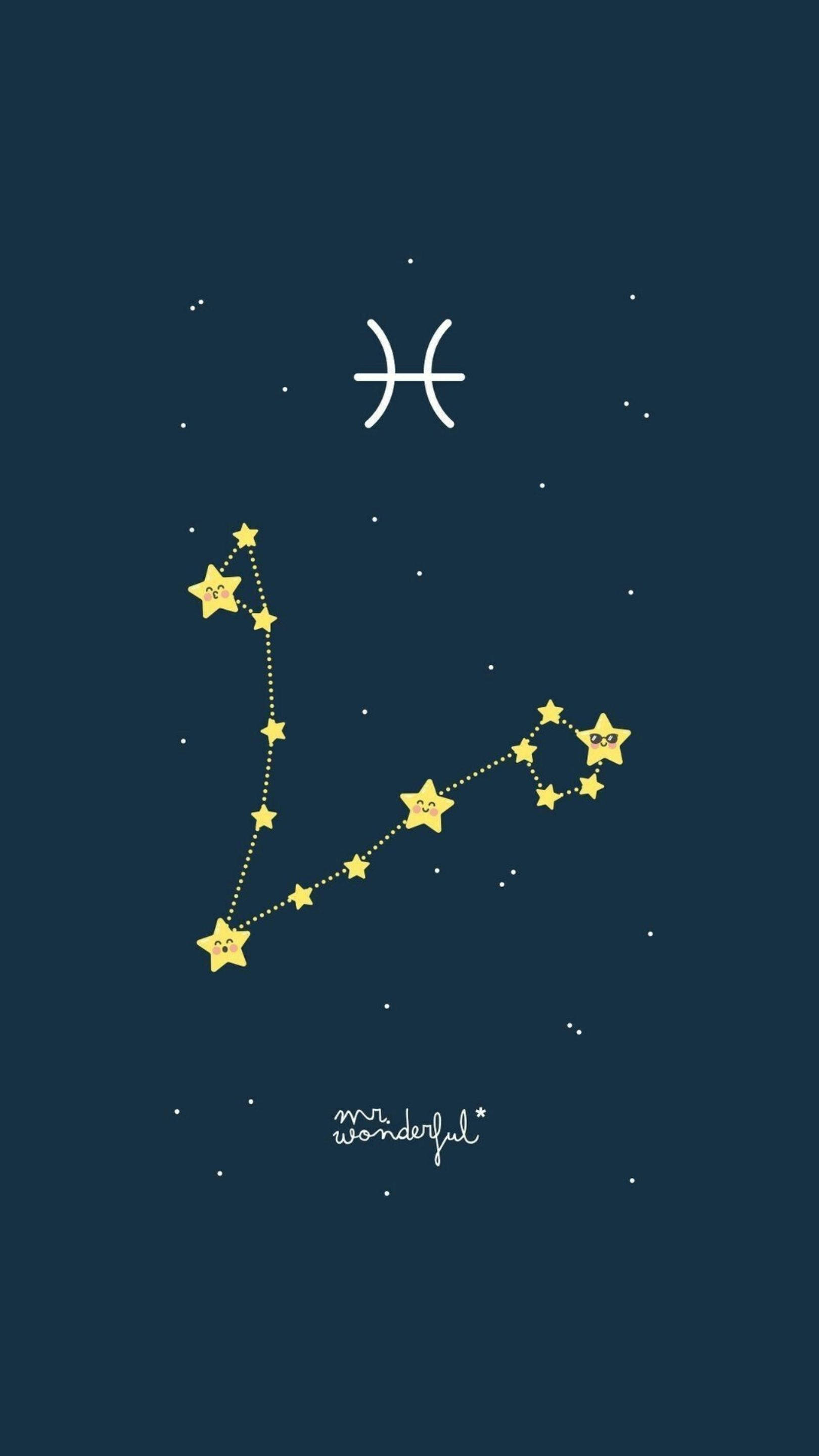生動卡通雙魚座星座夜空圖像 壁紙 — 一個可愛的卡通雙魚座星座，微笑的黃色星星由虛線連接，背景是深藍色星空。