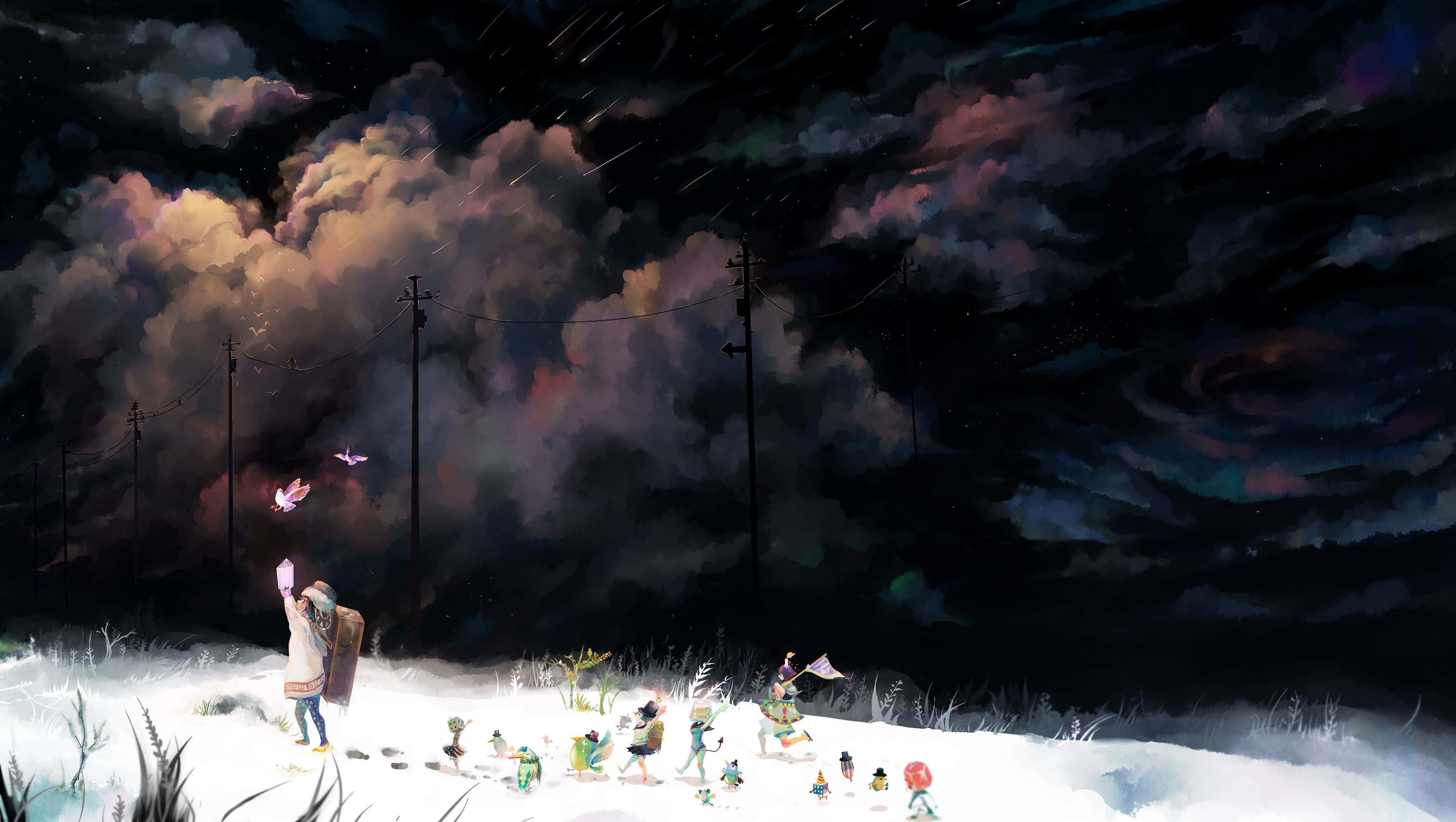 生動多彩的動漫藝術插畫 壁紙 — 在雪地上，一個孤獨的身影在戲劇性的星空下釋放出發光的蝴蝶，小生物們聚集在附近。