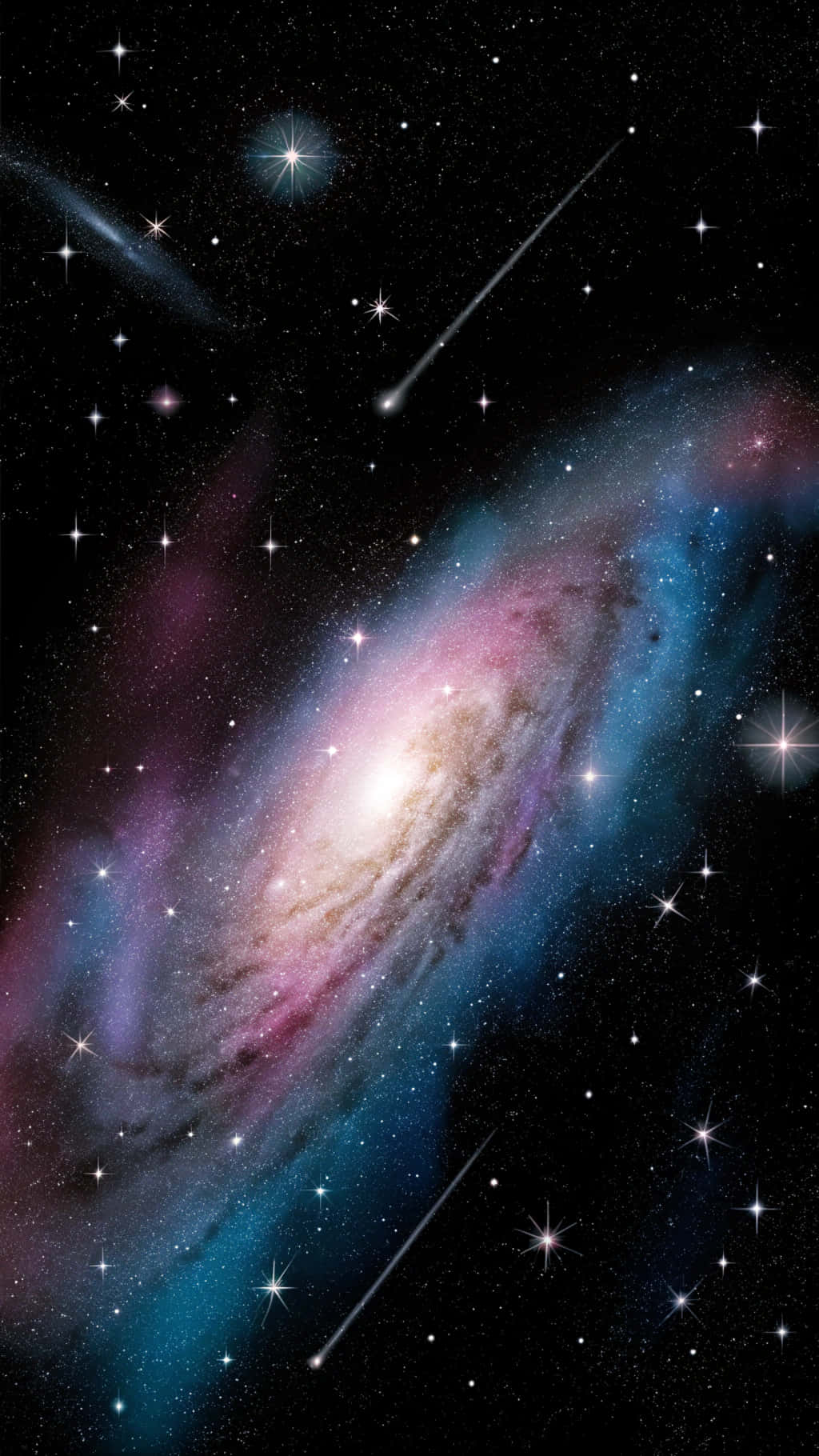 生動宇宙 壁紙 — 一個充滿活力的螺旋星系，帶有粉紅色和藍色星雲，在星空中旋轉，被兩顆發光的流星劃破。