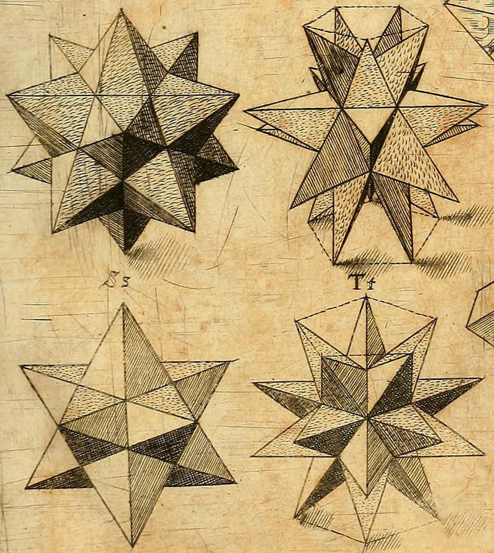 生動幾何圖形藝術作品 壁紙 — 復古羊皮紙展示精細手繪幾何星形多面體，帶有交叉陰影線和模糊鉛筆標記。