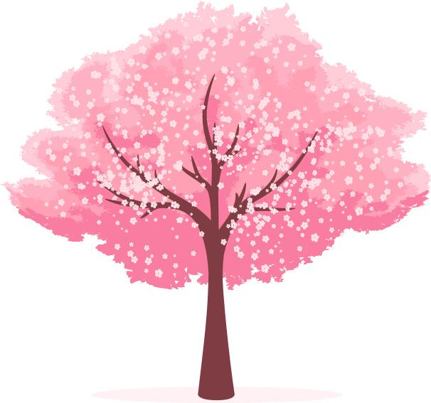 生動櫻花向量圖 壁紙 — 一棵風格化的櫻花樹，帶有粉紅色花瓣和深色樹枝，立在黑色背景上。
