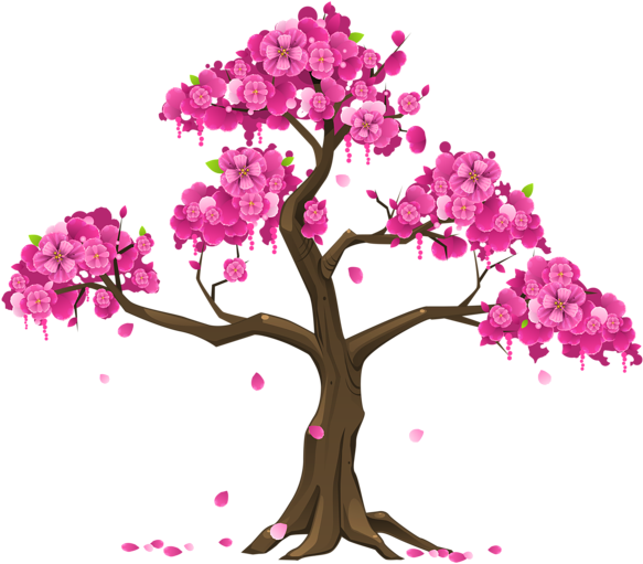 生動櫻花樹插畫 壁紙 — 一棵充滿活力的粉紅色櫻花樹，花瓣在純黑色背景上飄落。