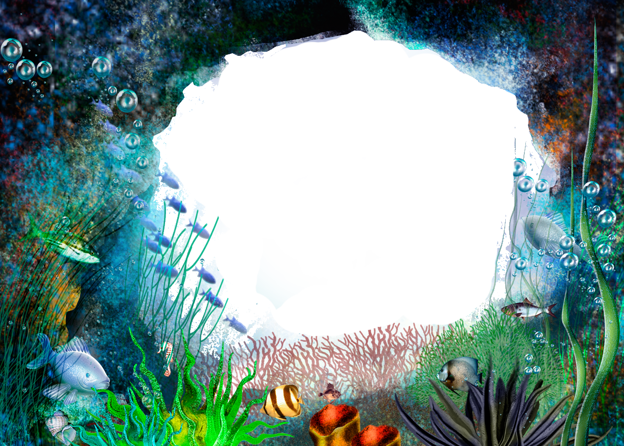 生動水下海景 壁紙 — 充滿活力的海底場景，色彩繽紛的珊瑚魚、海藻和氣泡環繞著發光的白色傳送門。