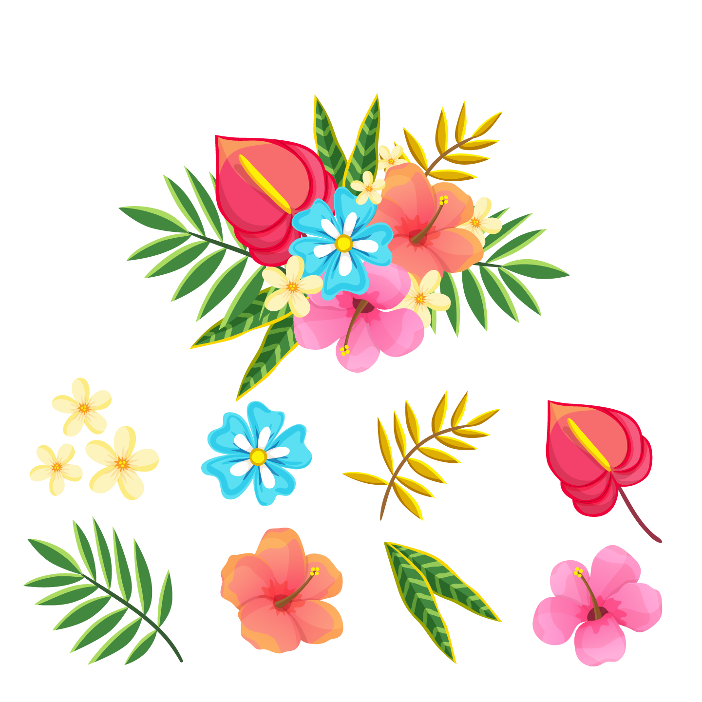 生動熱帶植物插畫 壁紙 — 鮮豔的熱帶花卉和葉子以鮮明的色彩散落在純黑背景上。