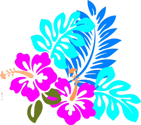 生動熱帶植物插畫 壁紙 — 鮮豔的粉紅色芙蓉花和藍綠色熱帶葉子，以大膽的平面色彩呈現在白色背景上。