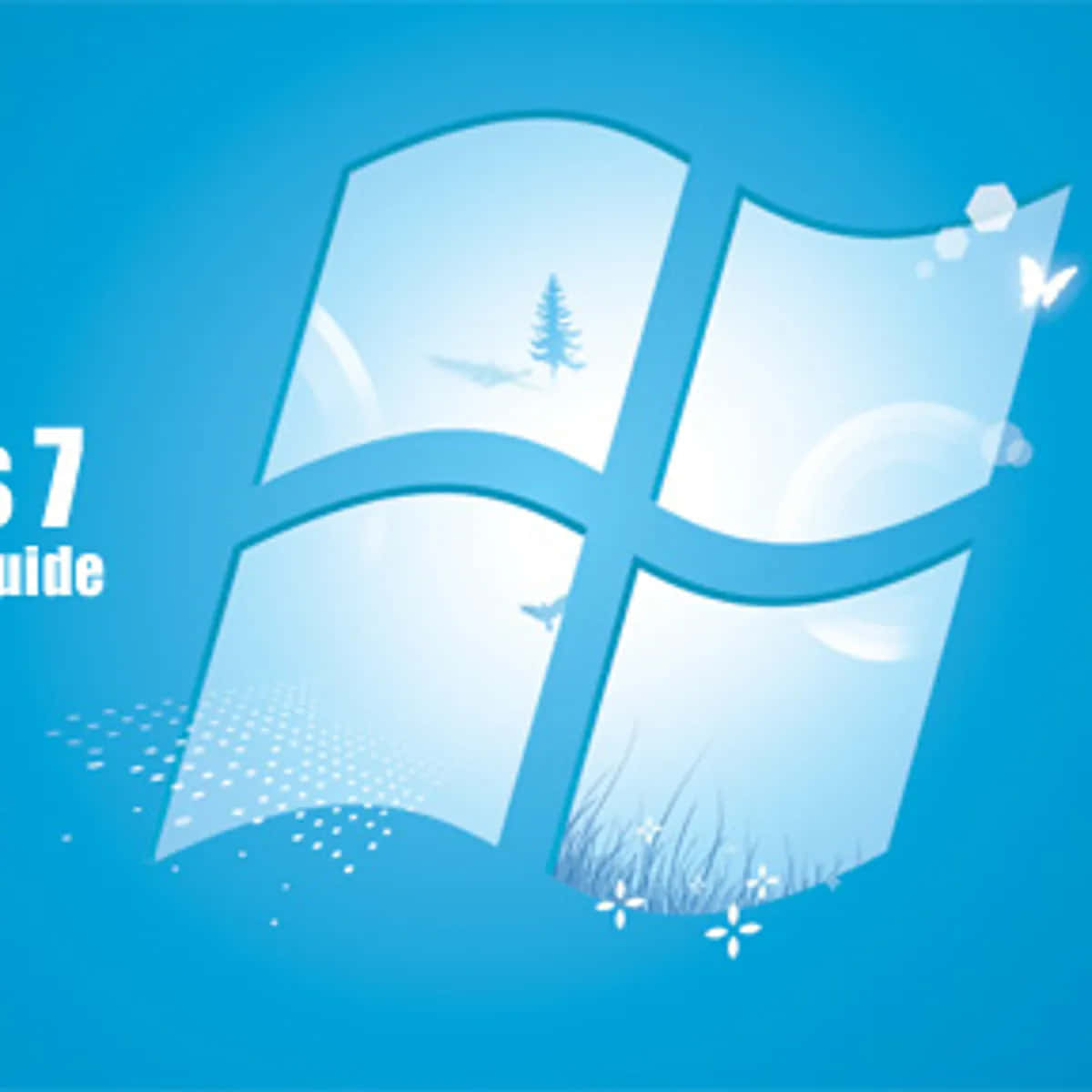 Windows 7 標誌，窗格內有自然場景，背景為藍色漸變。