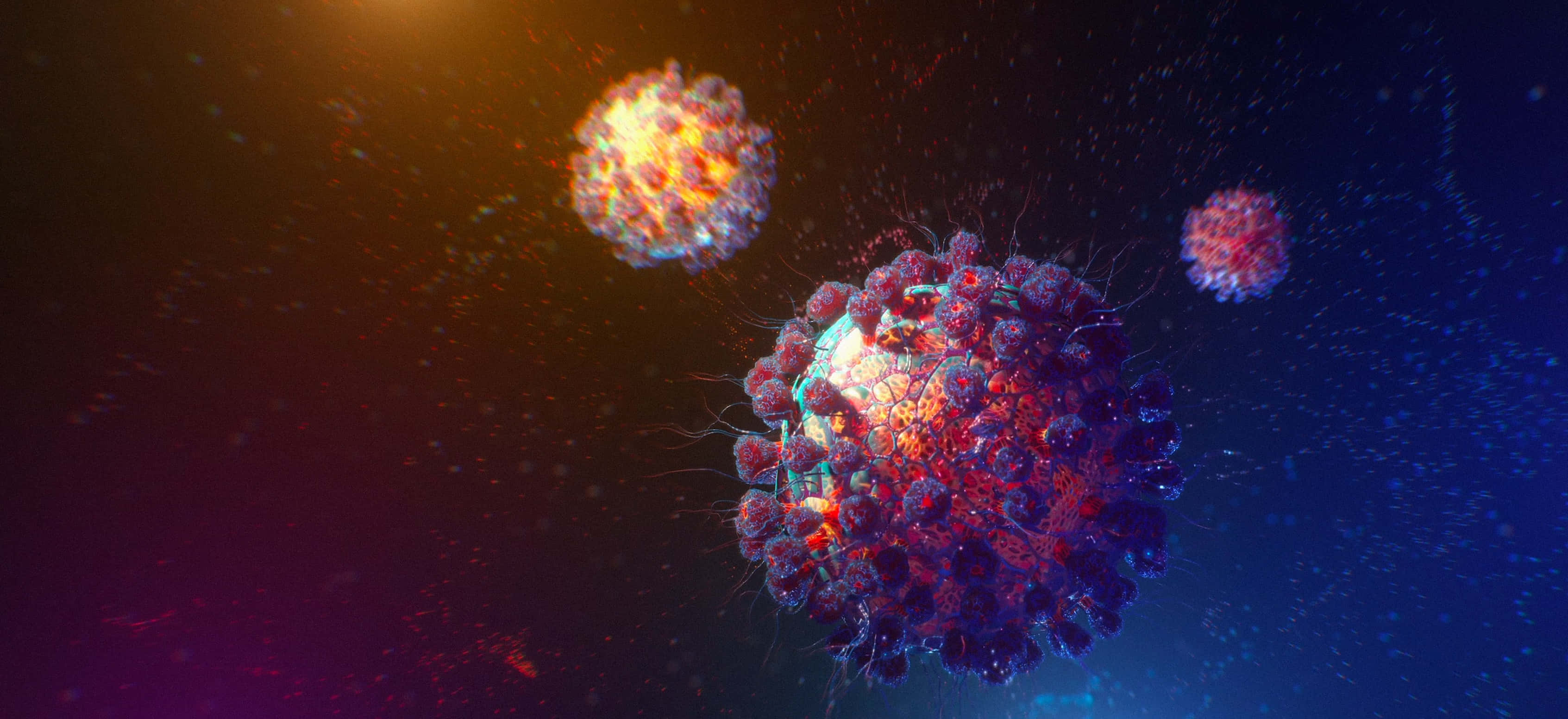 Coronavirus 桌布 壁紙 — 生動的3D渲染病毒粒子在宇宙漸變背景上發出火橙色和深紫色的光芒。