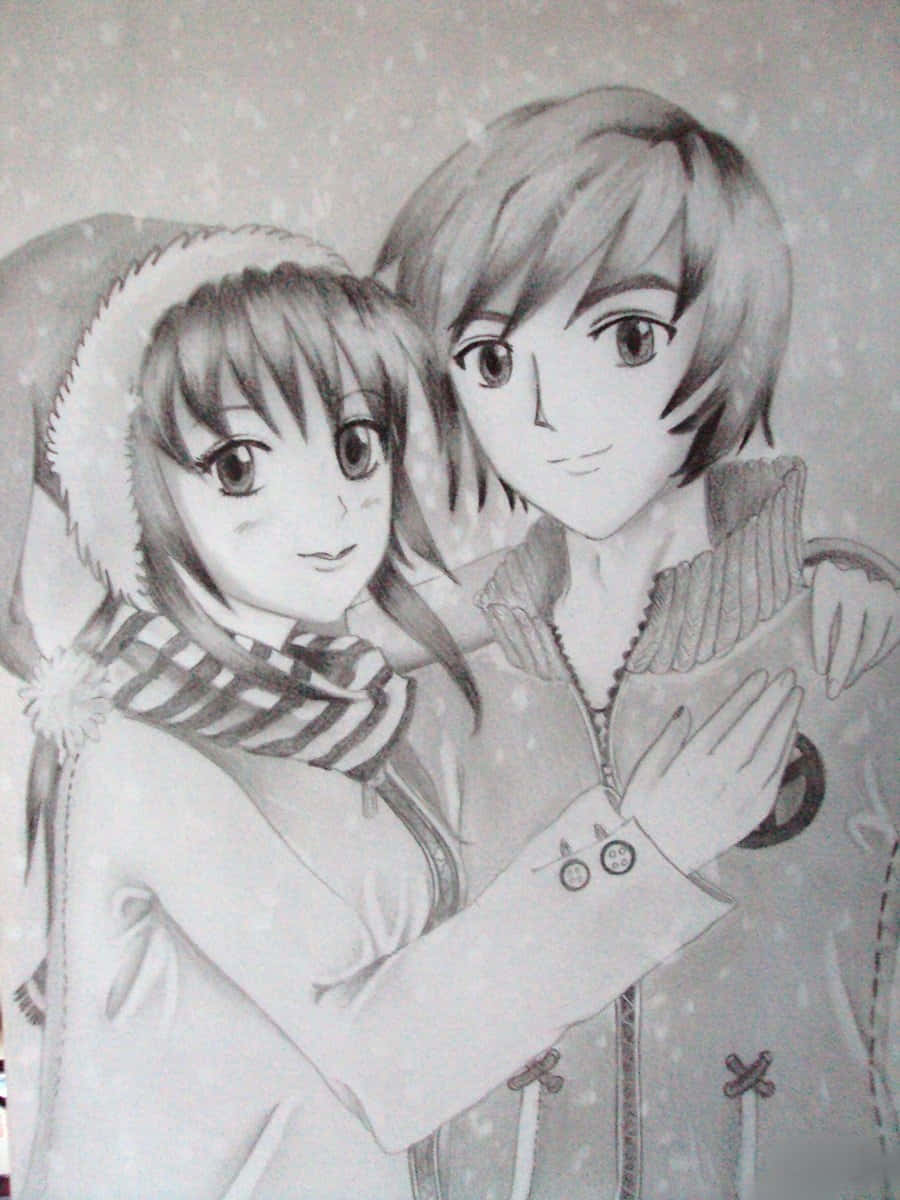 生動的動漫角色插畫 壁紙 — 兩個動漫風格的青少年在雪景中溫暖擁抱，以細緻的鉛筆陰影呈現。