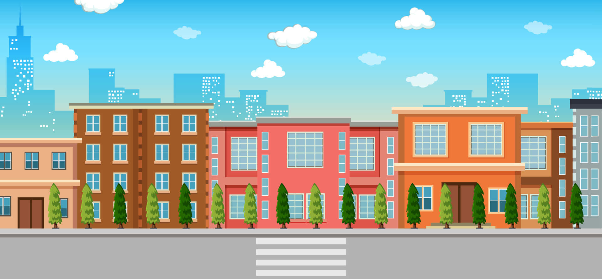 生動的卡通城市風景 壁紙 — 色彩繽紛的卡通城市景觀，有柔和色調的建築物、綠樹和藍天白雲。
